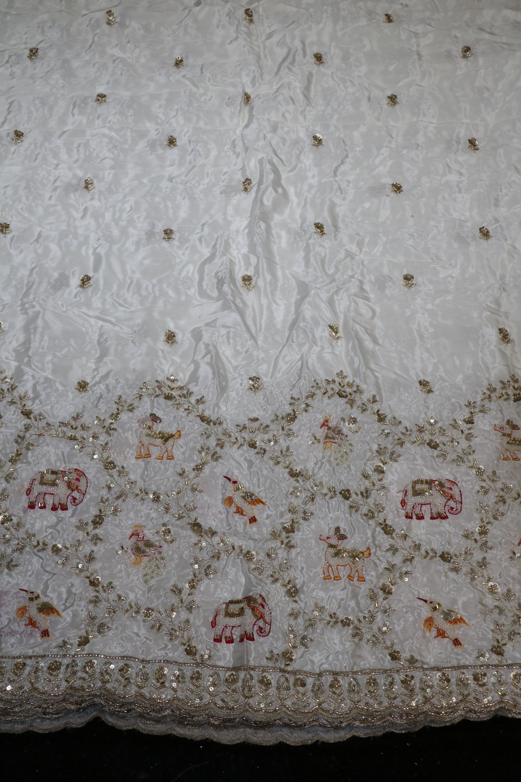 276-Dyable Pure Tissue Gold, Natural Crepe, Tissue Anmol, Kanjivaram With Beads and Sequins Embroidery Work 58 Inch Width Daman