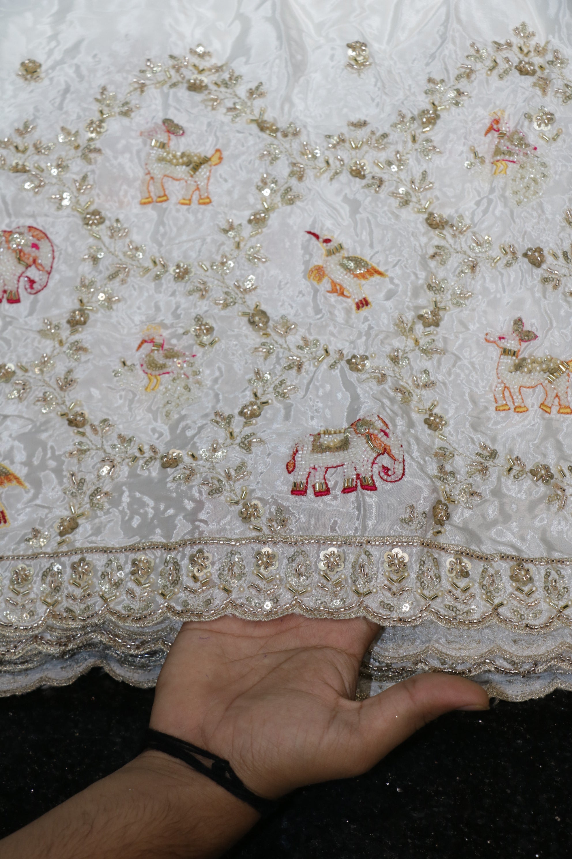 276-Dyable Pure Tissue Gold, Natural Crepe, Tissue Anmol, Kanjivaram With Beads and Sequins Embroidery Work 58 Inch Width Daman