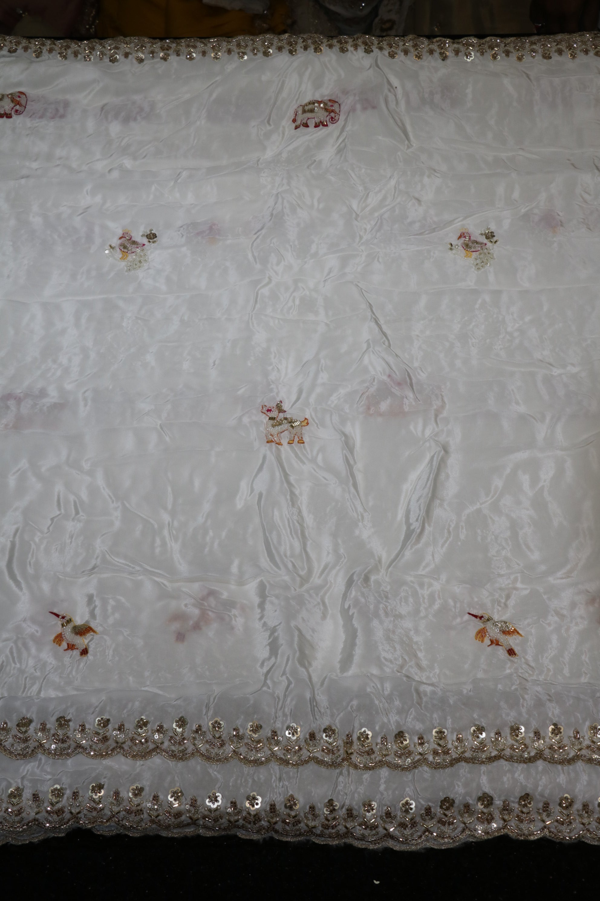 276-Dyable Pure Tissue Gold, Natural Crepe, Tissue Anmol, Kanjivaram With Beads and Sequins Embroidery Work 44 Inch Width Dupatta