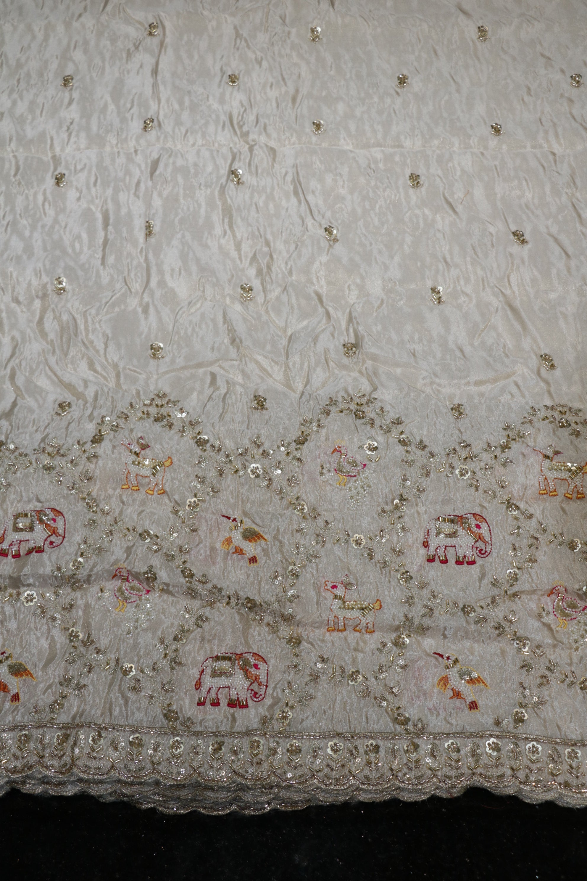 276-Dyable Pure Tissue Gold, Natural Crepe, Tissue Anmol, Kanjivaram With Beads and Sequins Embroidery Work 58 Inch Width Daman