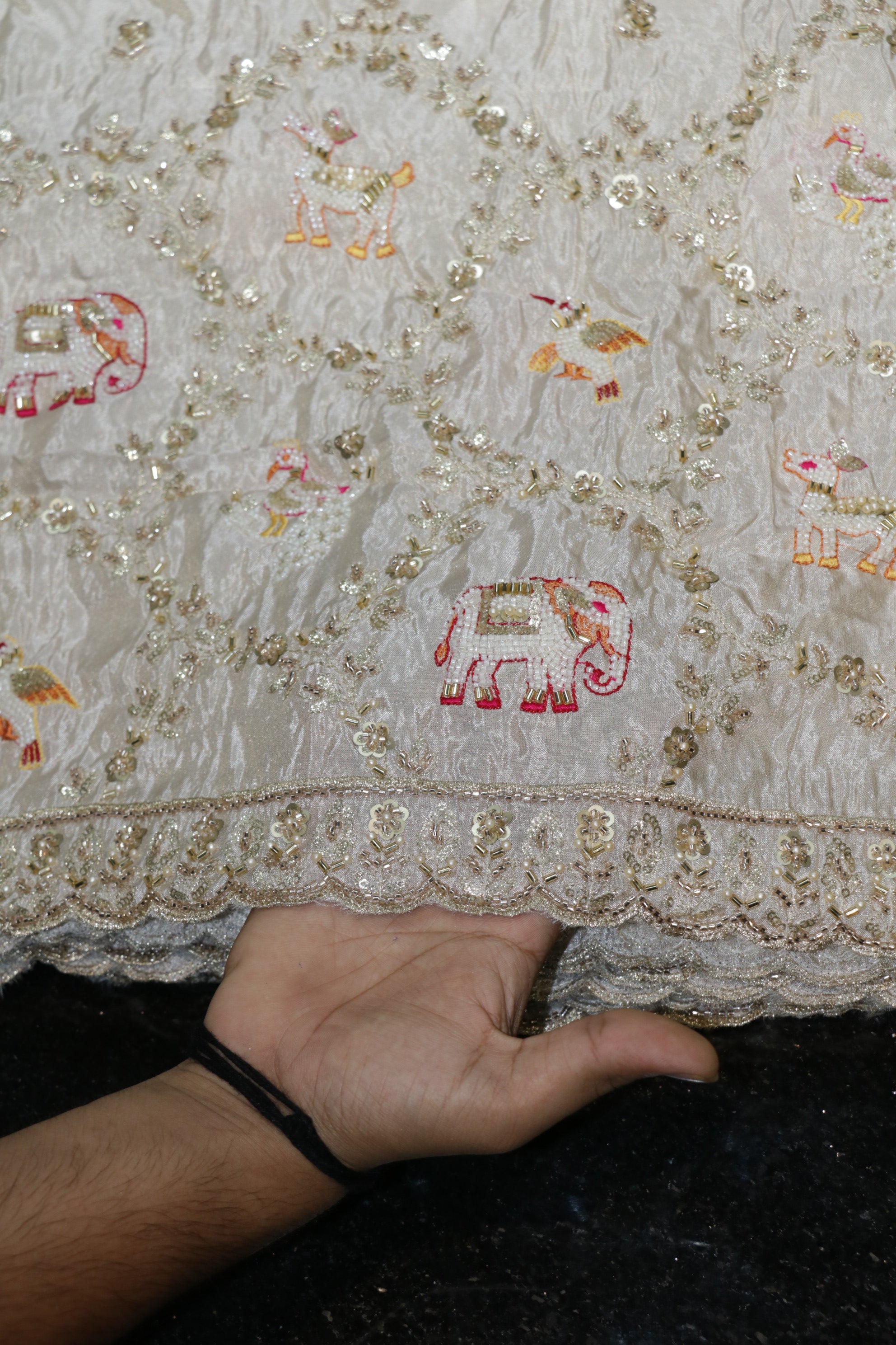 276-Dyable Pure Tissue Gold, Natural Crepe, Tissue Anmol, Kanjivaram With Beads and Sequins Embroidery Work 58 Inch Width Daman