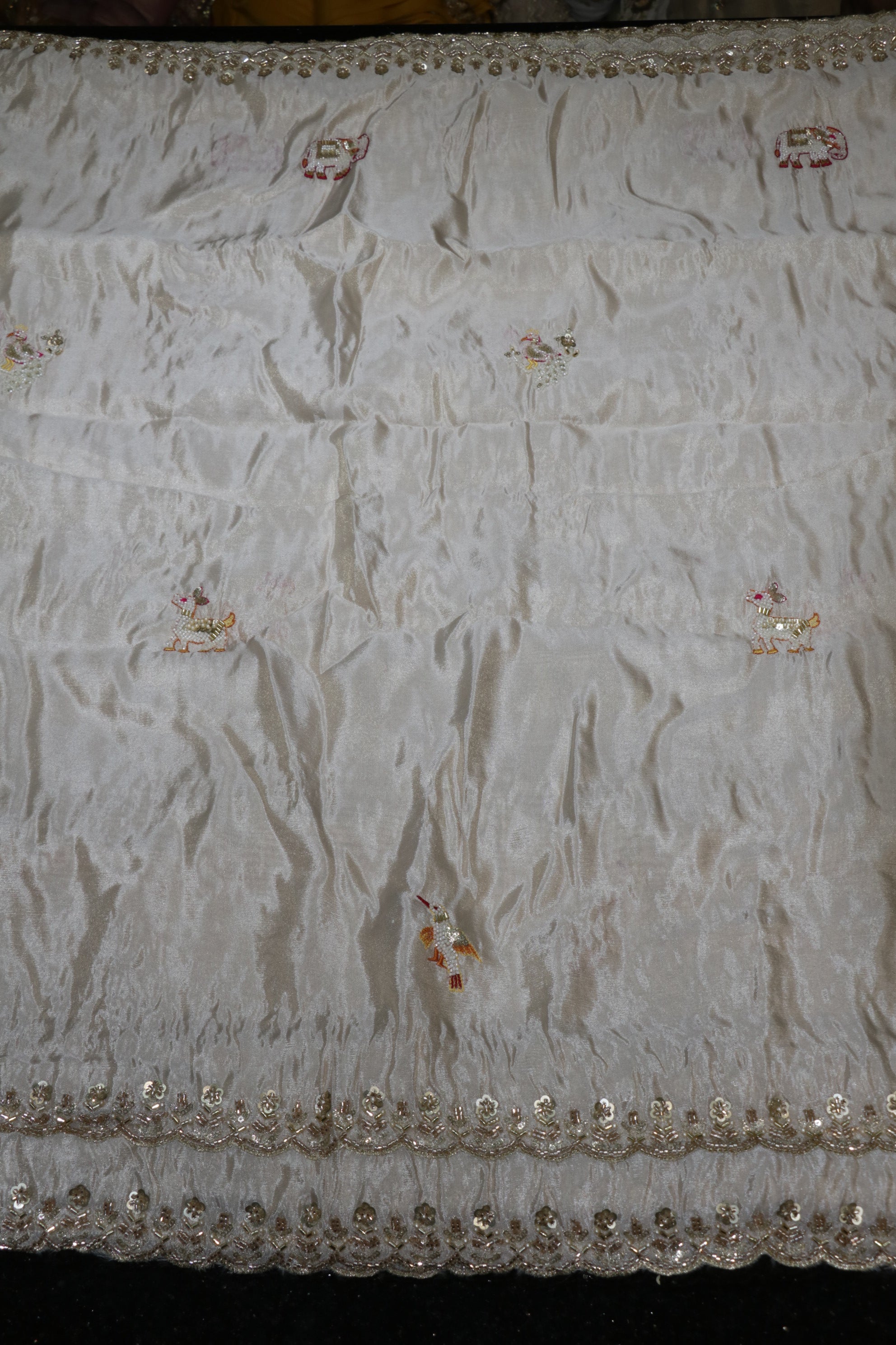 276-Dyable Pure Tissue Gold, Natural Crepe, Tissue Anmol, Kanjivaram With Beads and Sequins Embroidery Work 44 Inch Width Dupatta