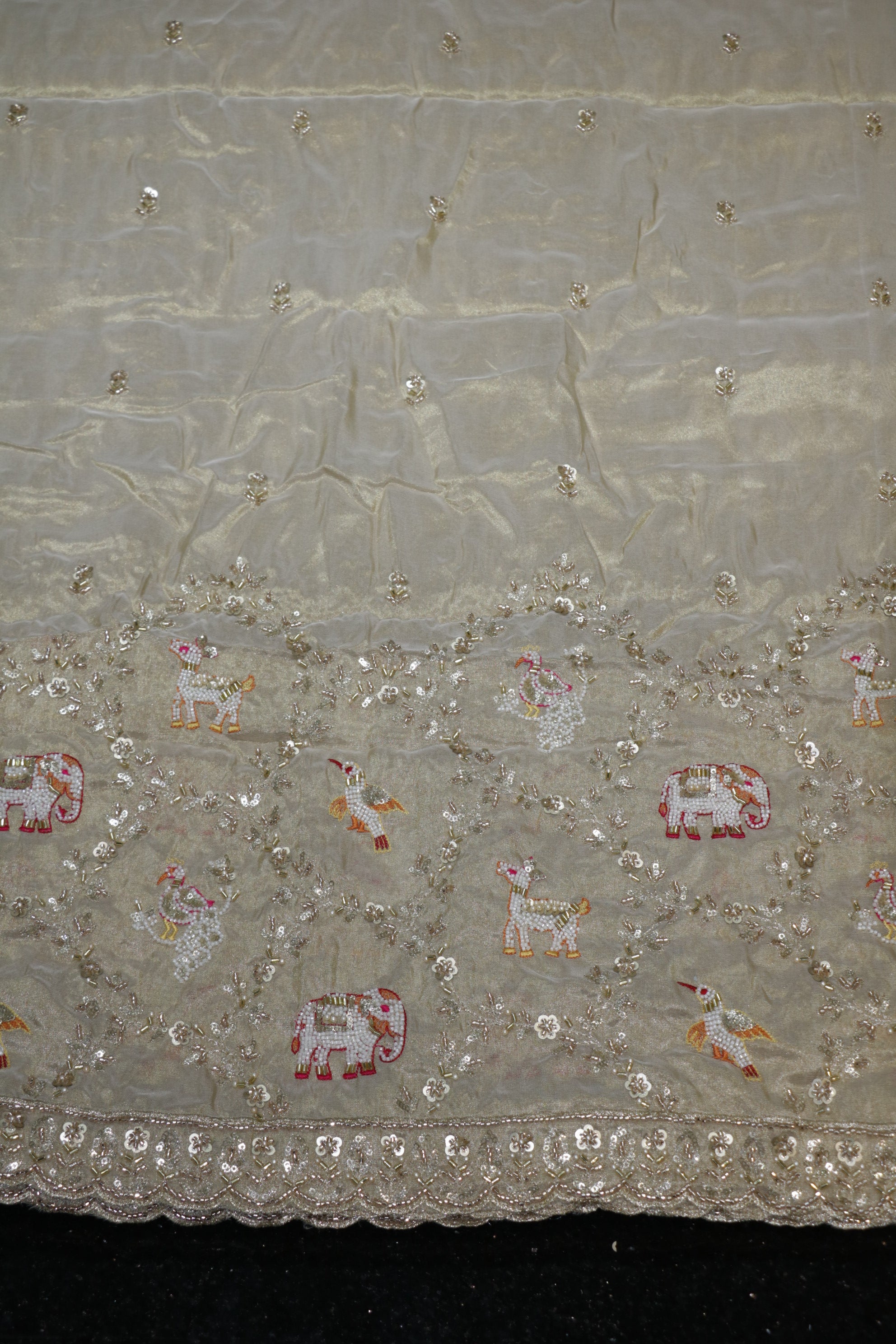 276-Dyable Pure Tissue Gold, Natural Crepe, Tissue Anmol, Kanjivaram With Beads and Sequins Embroidery Work 58 Inch Width Daman
