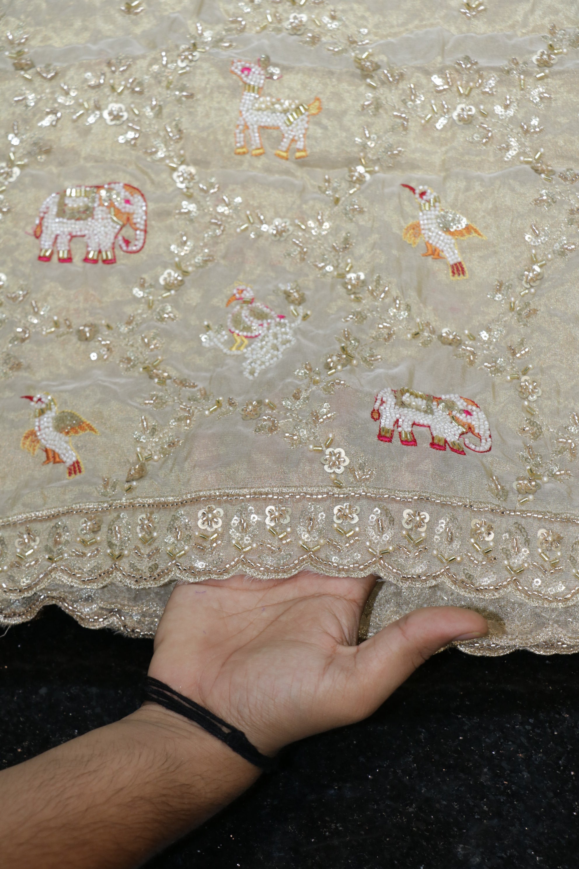 276-Dyable Pure Tissue Gold, Natural Crepe, Tissue Anmol, Kanjivaram With Beads and Sequins Embroidery Work 58 Inch Width Daman