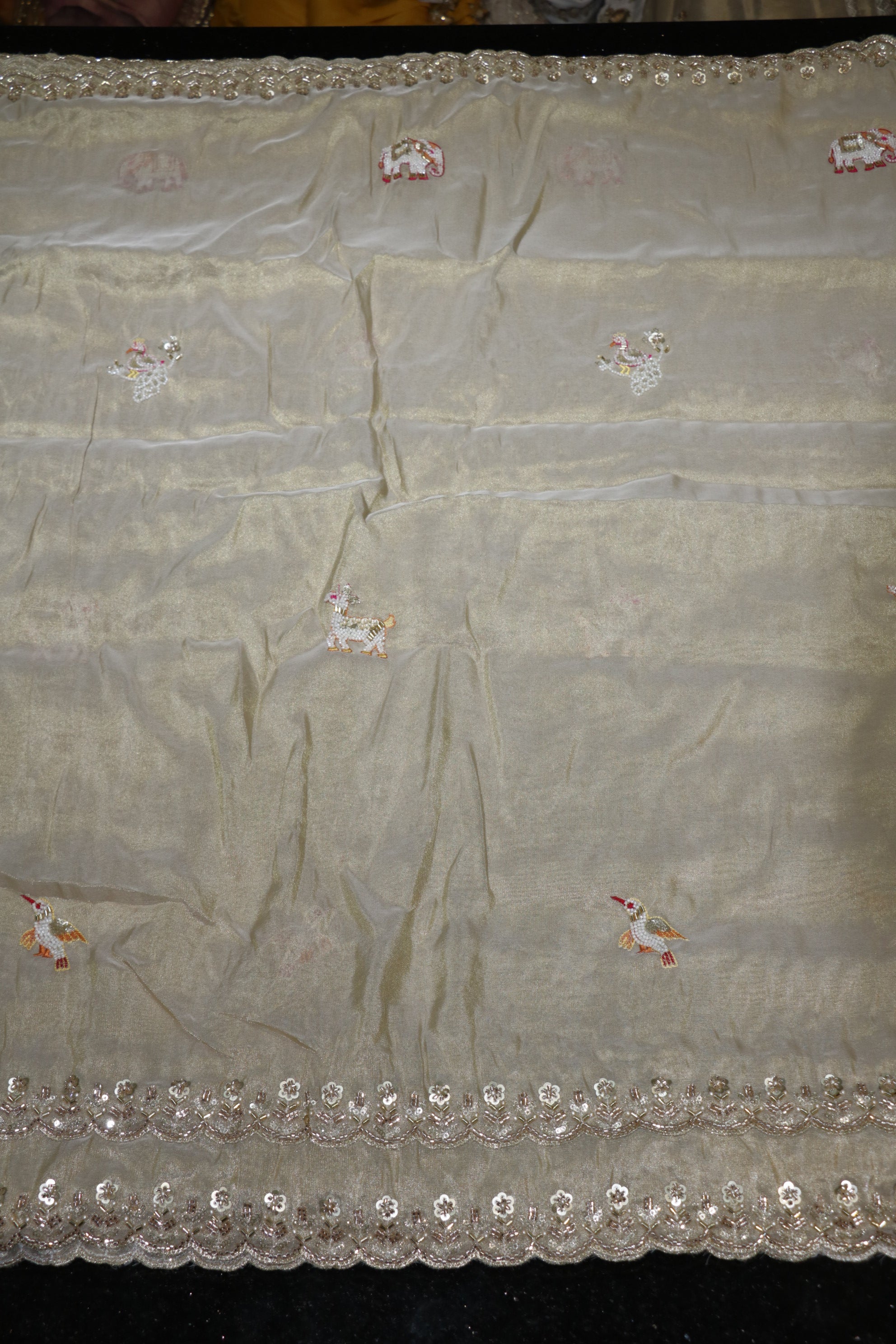 276-Dyable Pure Tissue Gold, Natural Crepe, Tissue Anmol, Kanjivaram With Beads and Sequins Embroidery Work 44 Inch Width Dupatta