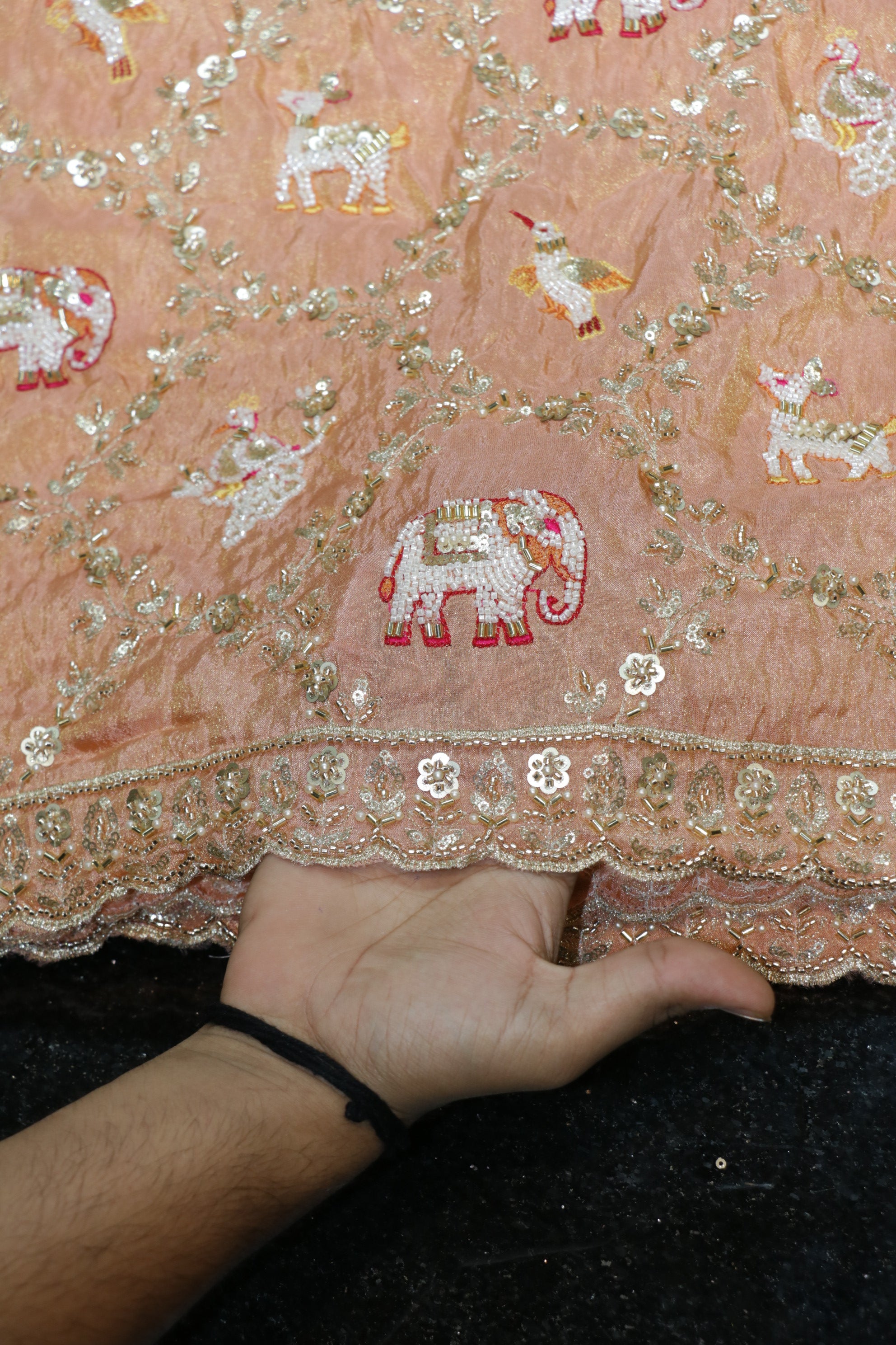 276-Heavy Color Set Pure Tissue Gold With Beads and Sequins Embroidery Work 44 Inch Width Allover/Daman