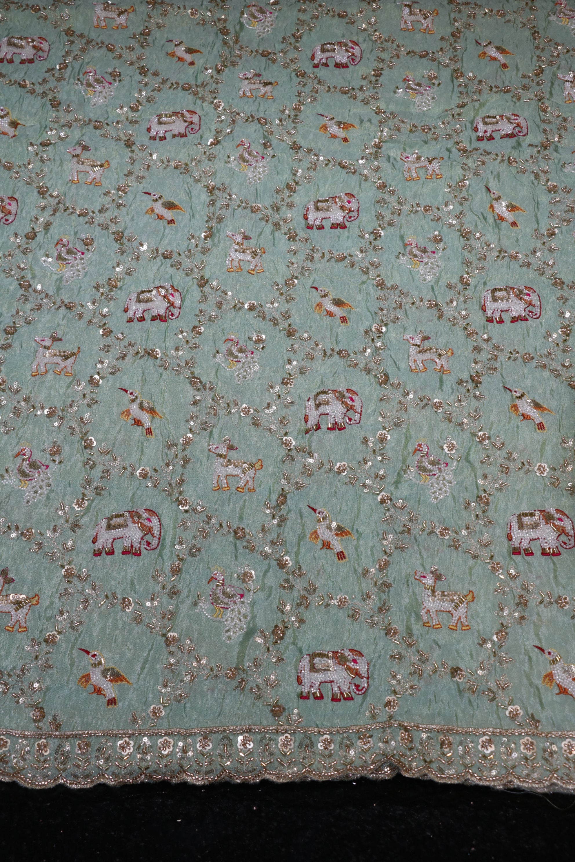 276-Heavy Color Set Pure Tissue Gold With Beads and Sequins Embroidery Work 44 Inch Width Allover/Daman