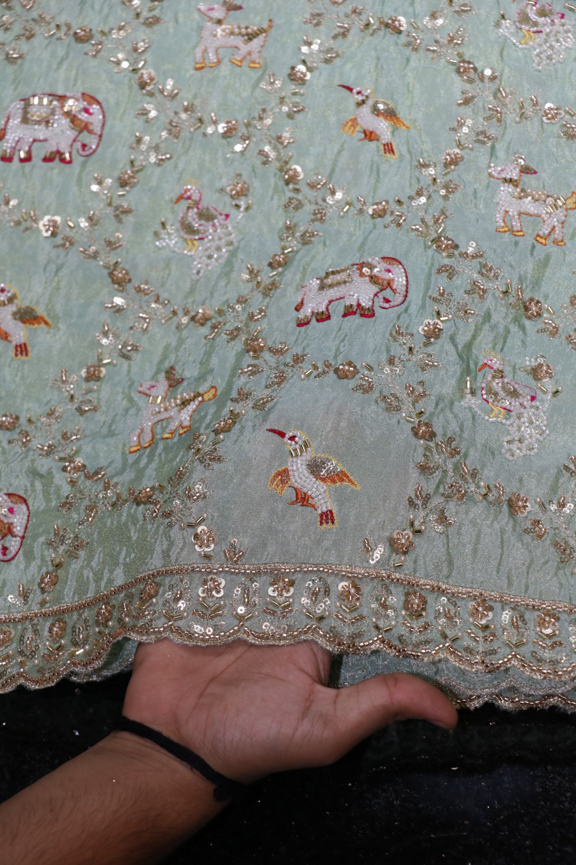 276-Heavy Color Set Pure Tissue Gold With Beads and Sequins Embroidery Work 44 Inch Width Allover/Daman