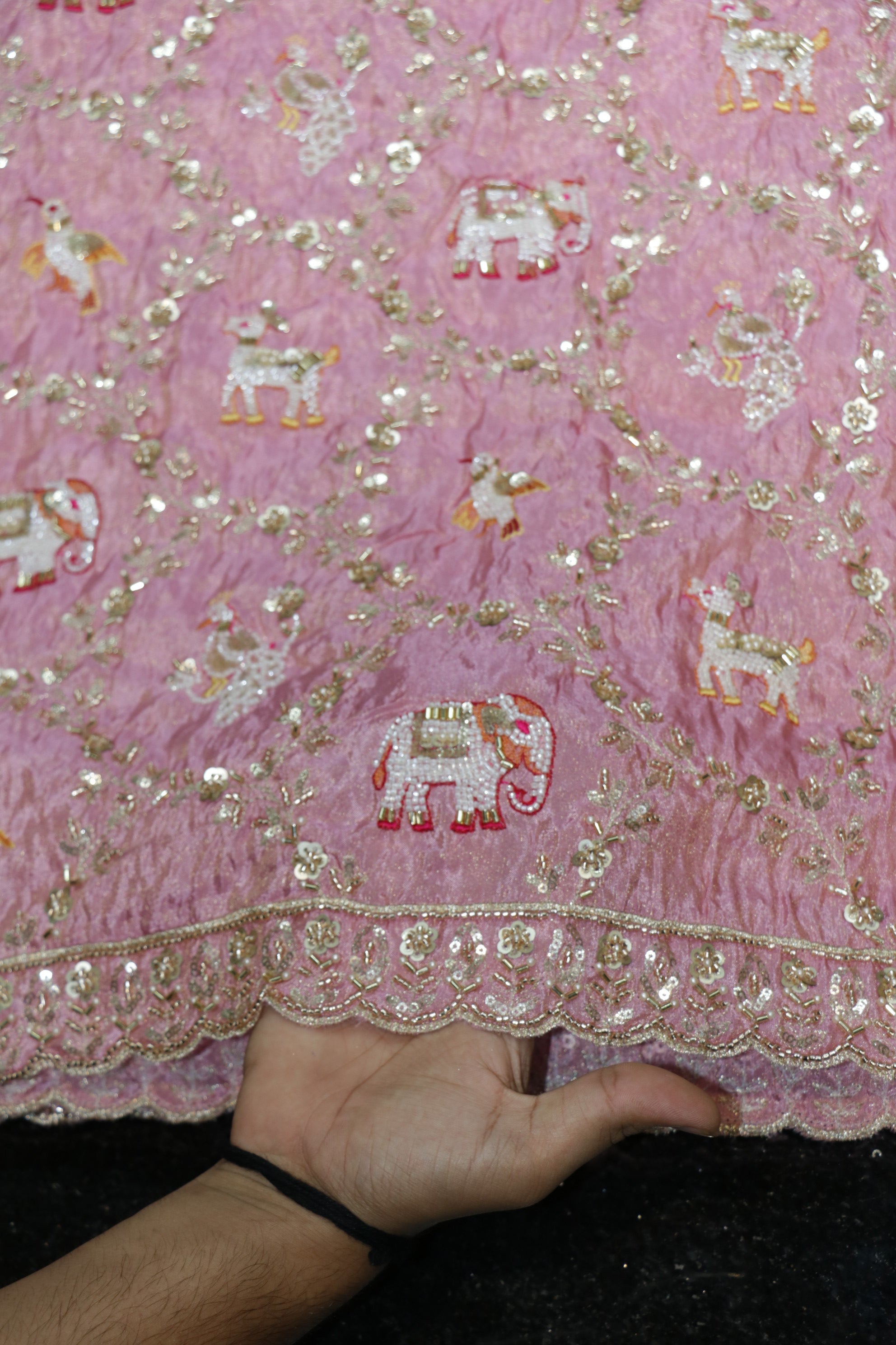 276-Heavy Color Set Pure Tissue Gold With Beads and Sequins Embroidery Work 44 Inch Width Allover/Daman