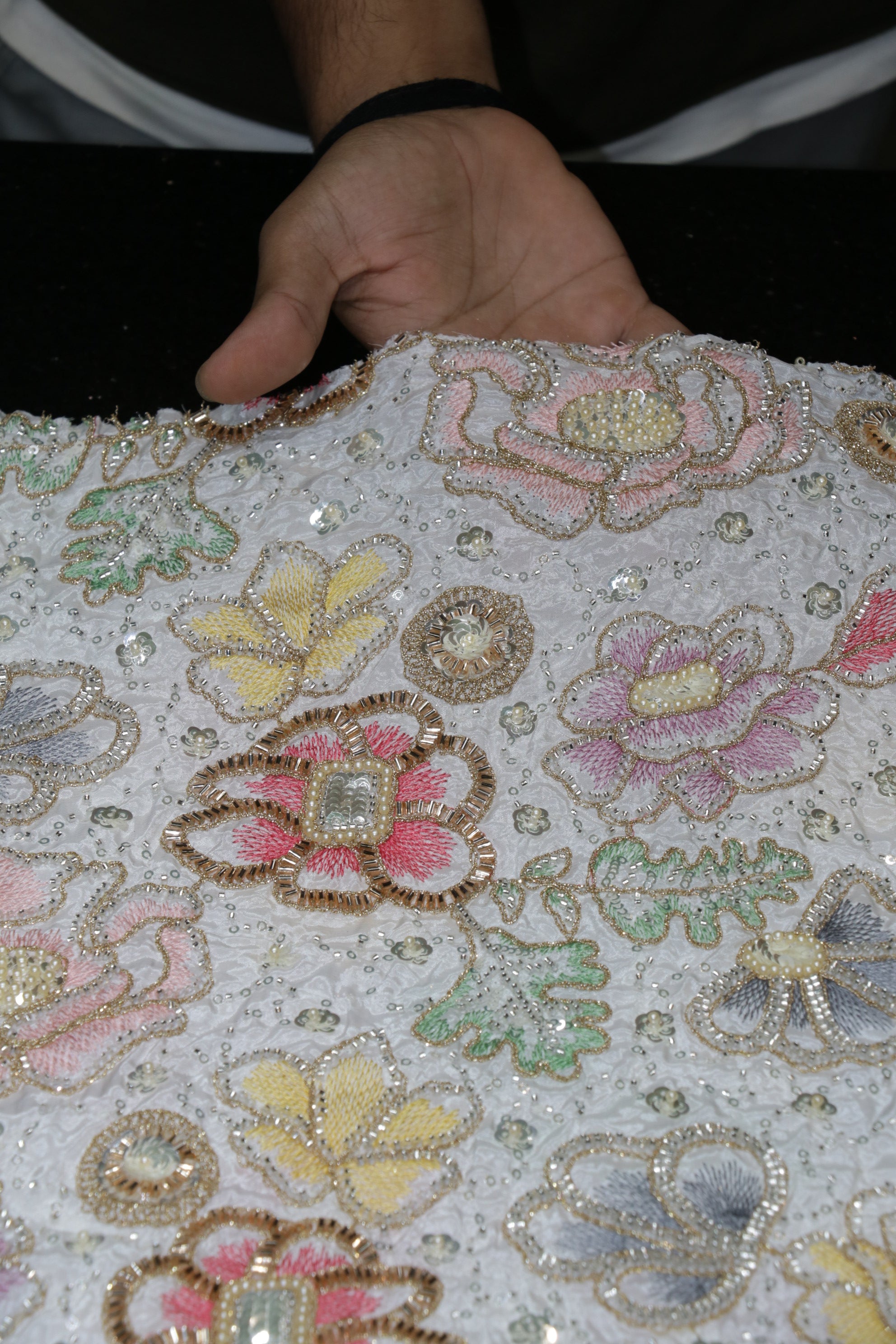 234-Dyable Pure Tissue Gold, Natural Crepe, Kanjivaram, Giraffe, Net With Beads and Sequins Embroidery Work 44 Inch Width Allover