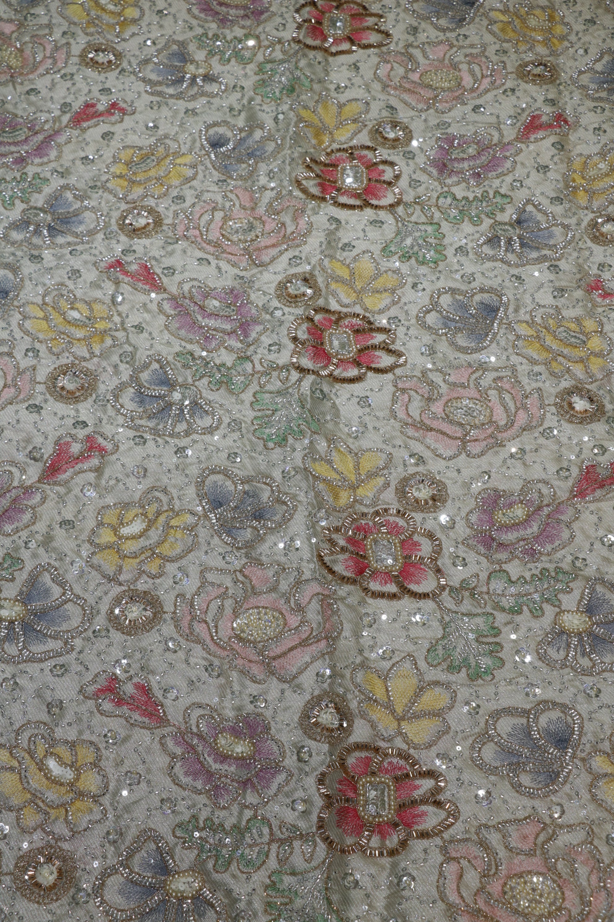 234-Dyable Pure Tissue Gold, Natural Crepe, Kanjivaram, Giraffe, Net With Beads and Sequins Embroidery Work 44 Inch Width Allover