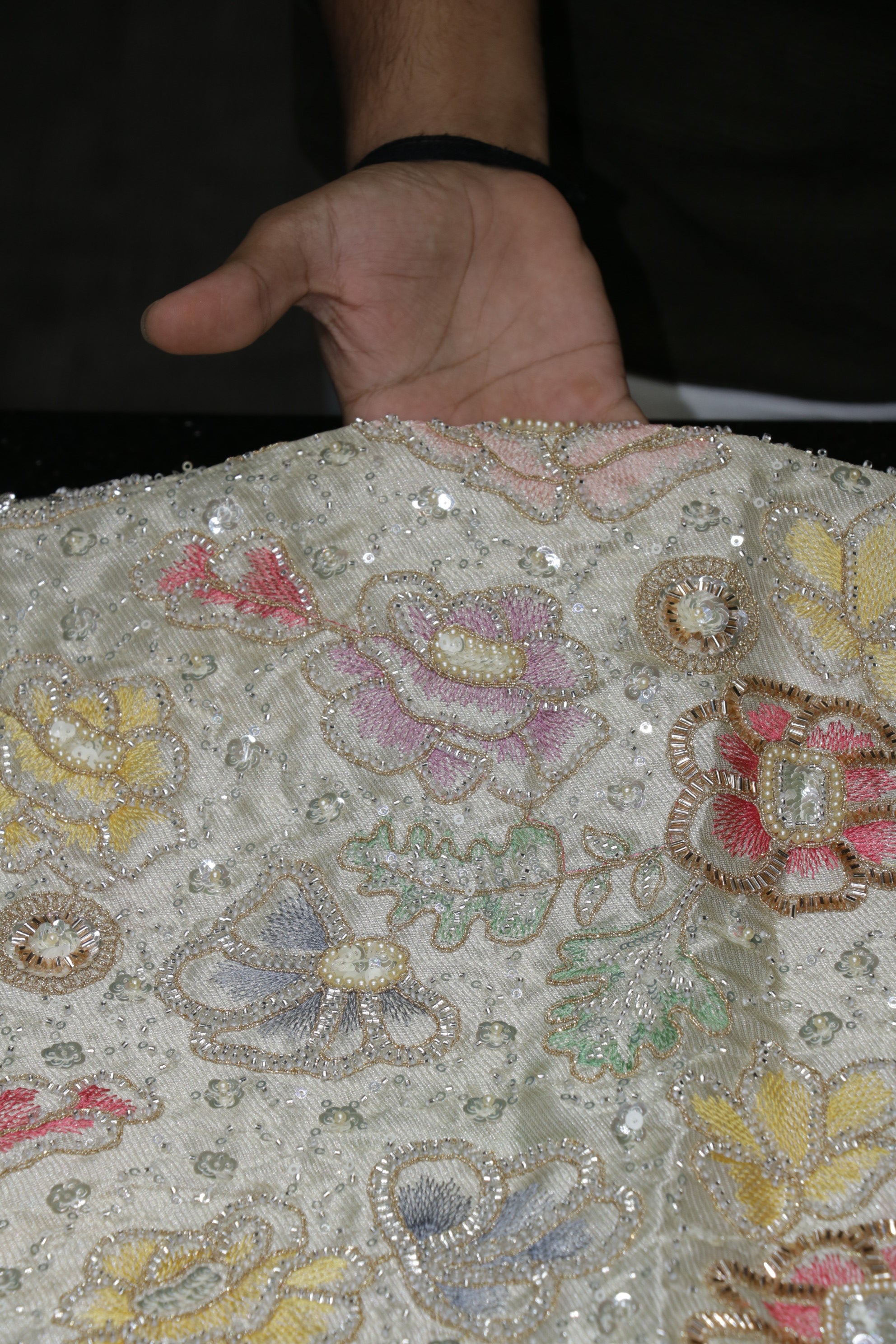 234-Dyable Pure Tissue Gold, Natural Crepe, Kanjivaram, Giraffe, Net With Beads and Sequins Embroidery Work 44 Inch Width Allover