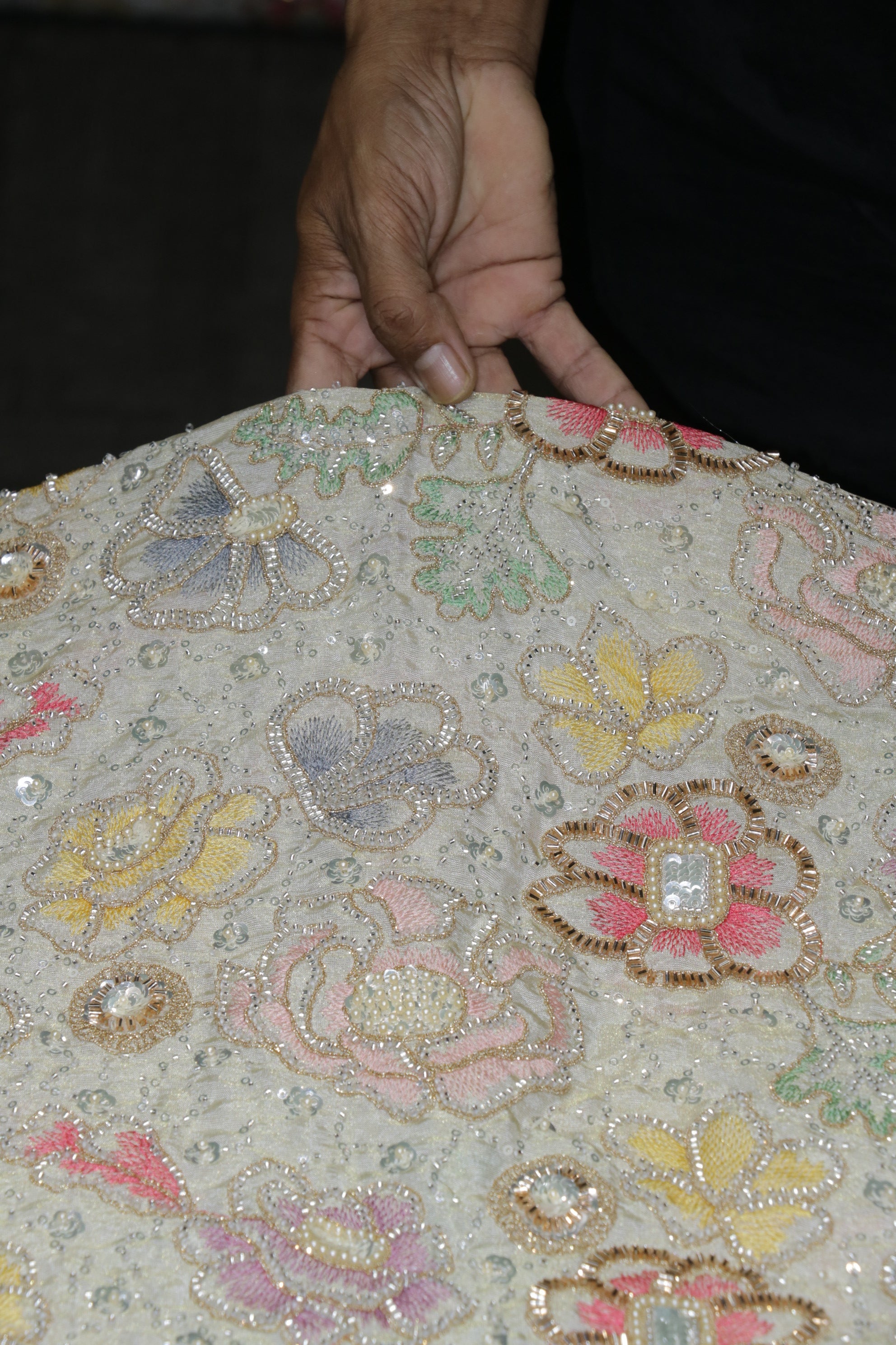 234-Dyable Pure Tissue Gold, Natural Crepe, Kanjivaram, Giraffe, Net With Beads and Sequins Embroidery Work 44 Inch Width Allover