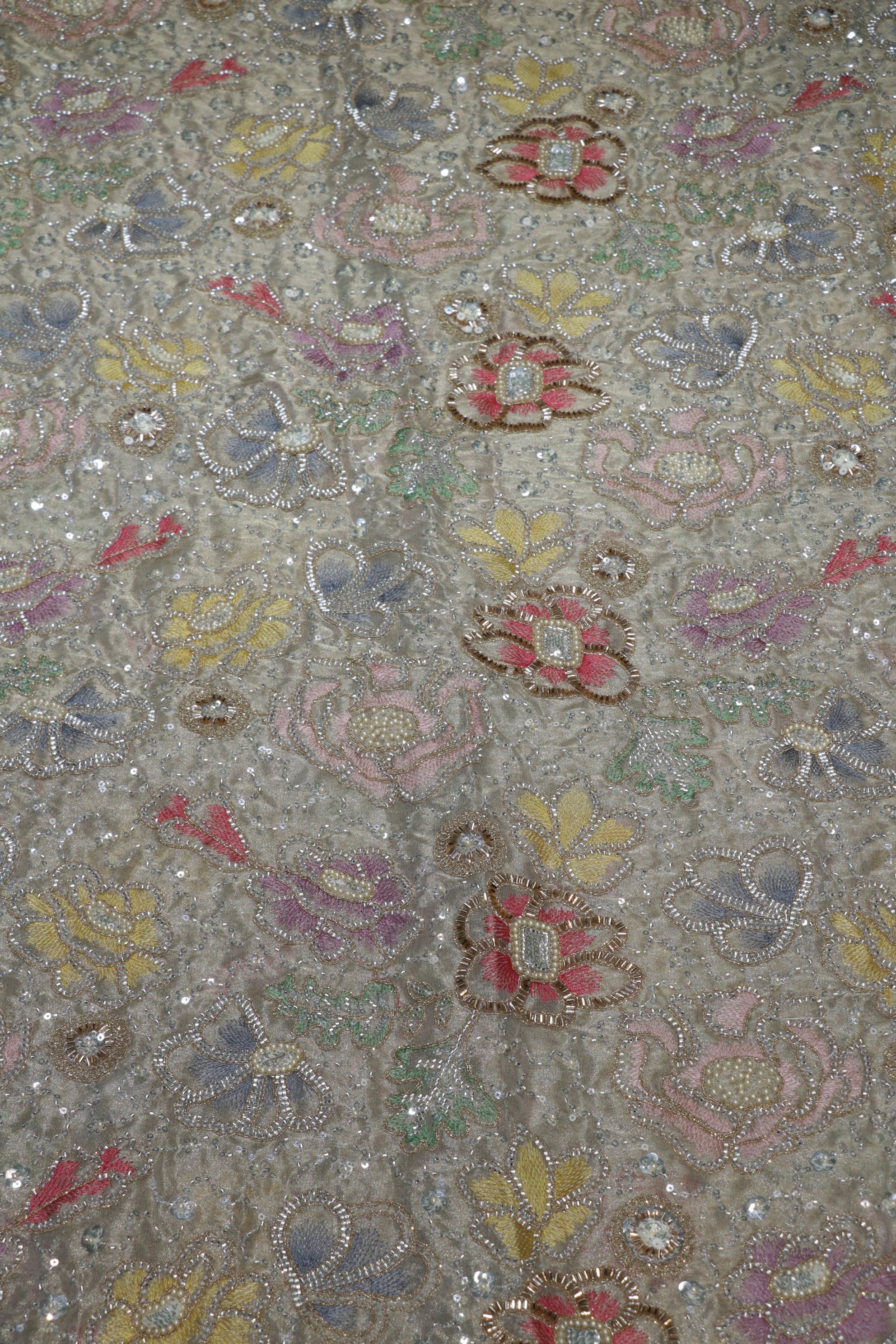 234-Dyable Pure Tissue Gold, Natural Crepe, Kanjivaram, Giraffe, Net With Beads and Sequins Embroidery Work 44 Inch Width Allover