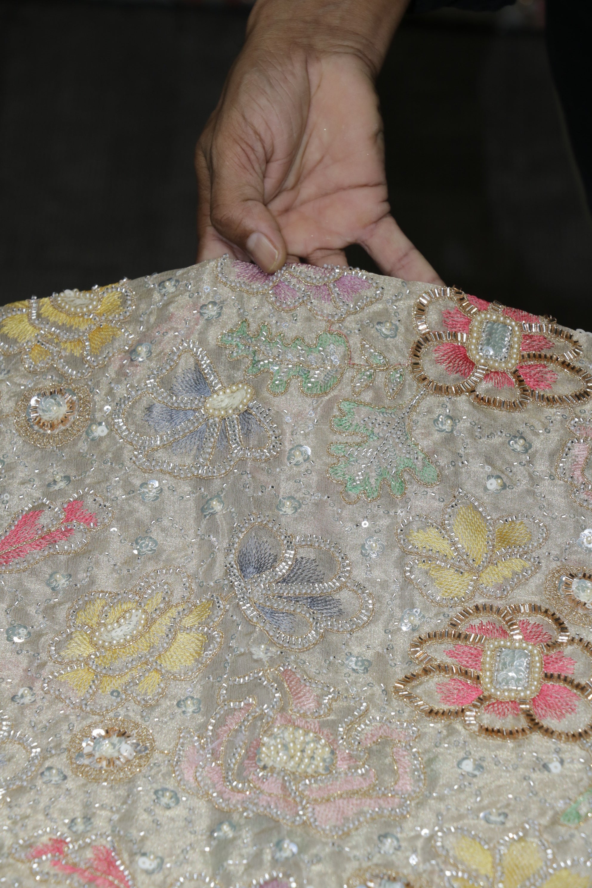 234-Dyable Pure Tissue Gold, Natural Crepe, Kanjivaram, Giraffe, Net With Beads and Sequins Embroidery Work 44 Inch Width Allover