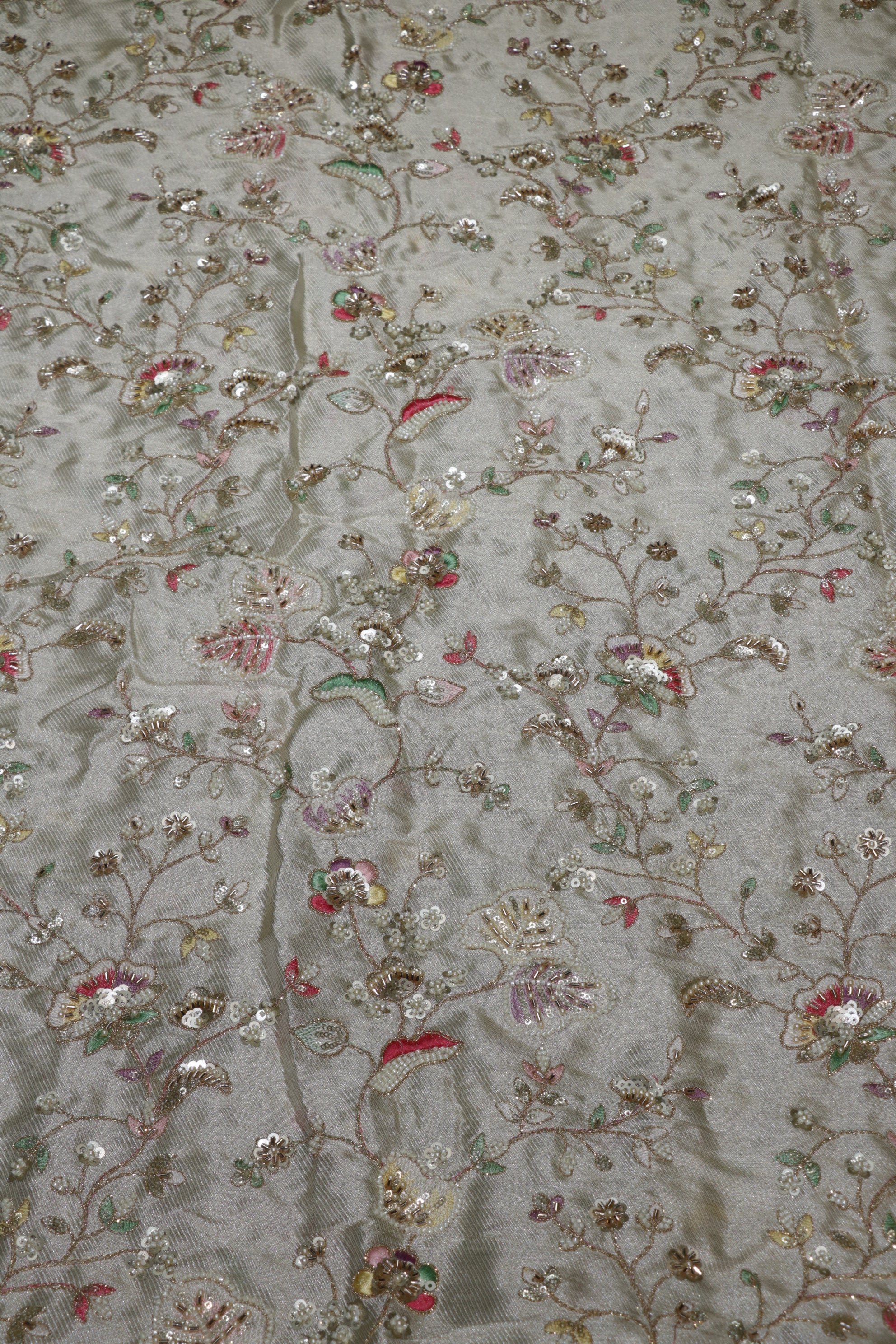 322-Dyable Pure Tissue Gold, Natural Crepe, Kanjivaram, Giraffe With Beads and Sequins Embroidery Work 44 Inch Width Allover