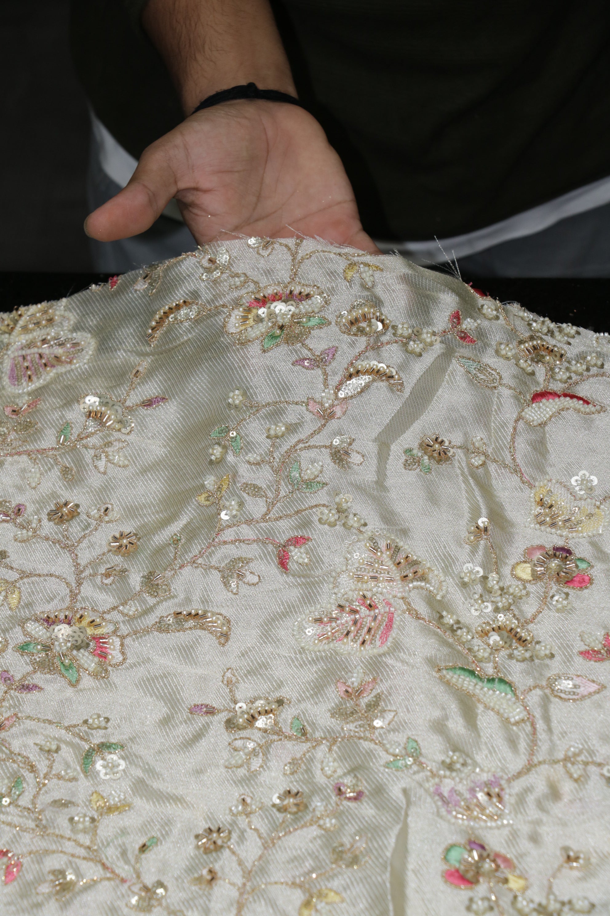 322-Dyable Pure Tissue Gold, Natural Crepe, Kanjivaram, Giraffe With Beads and Sequins Embroidery Work 44 Inch Width Allover