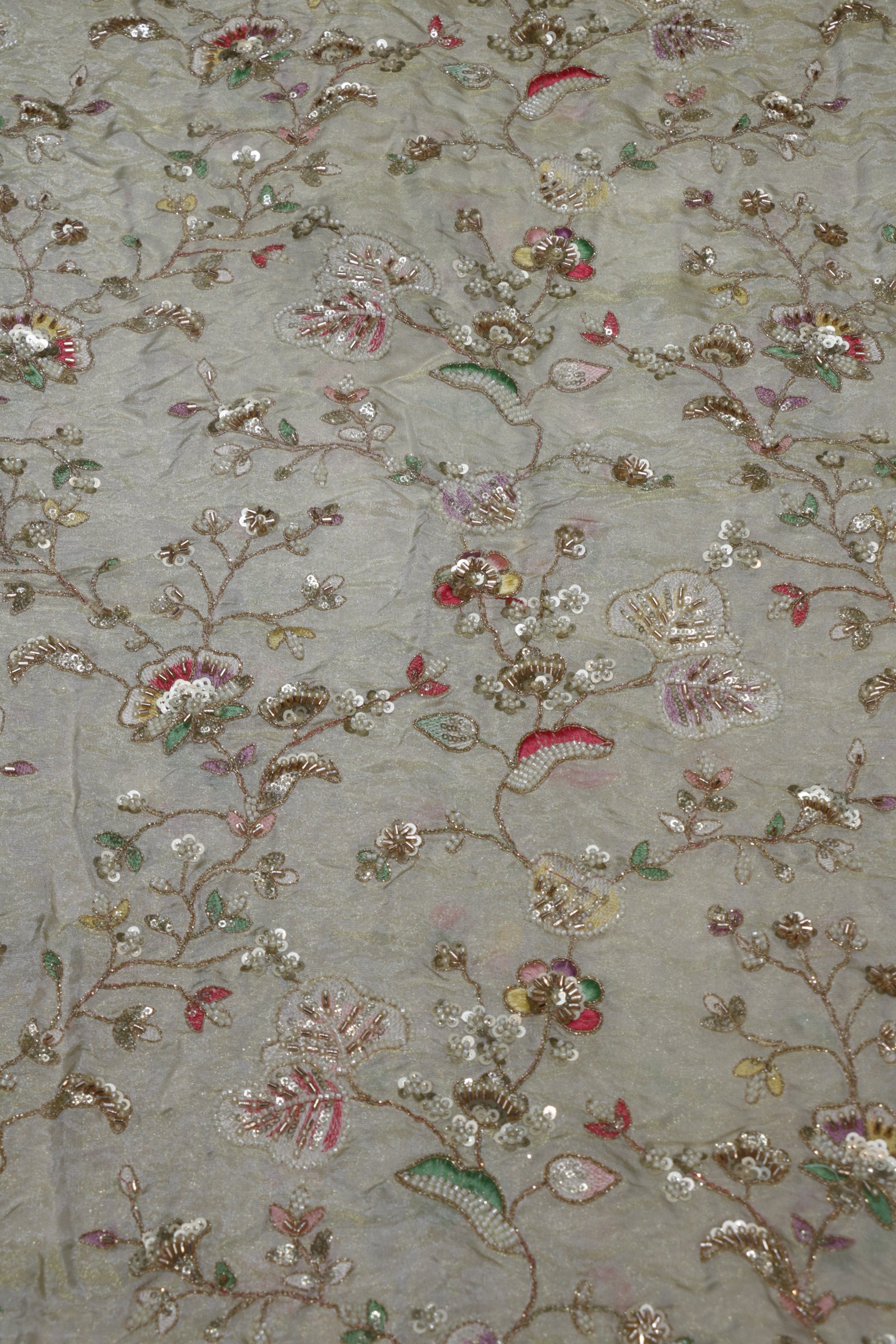 322-Dyable Pure Tissue Gold, Natural Crepe, Kanjivaram, Giraffe With Beads and Sequins Embroidery Work 44 Inch Width Allover