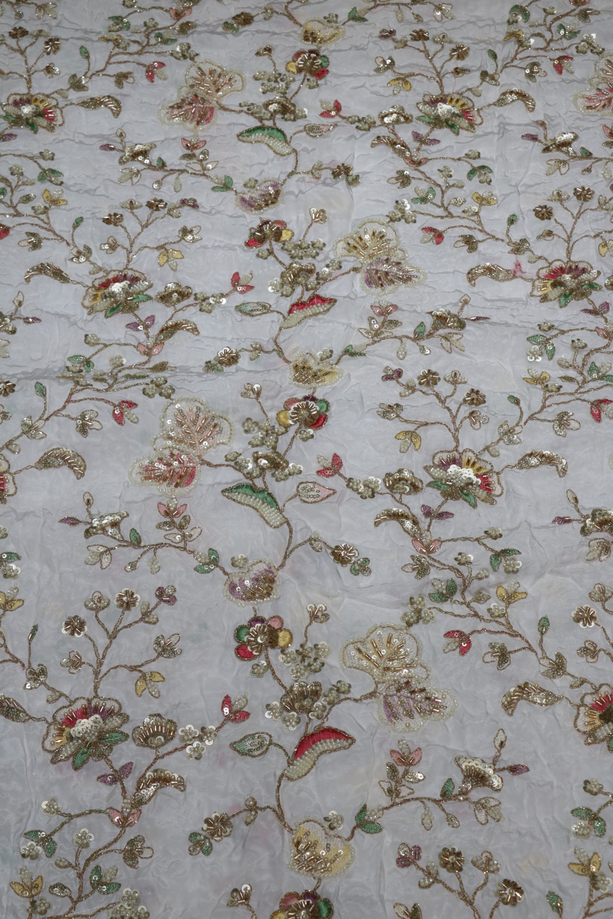 322-Dyable Pure Tissue Gold, Natural Crepe, Kanjivaram, Giraffe With Beads and Sequins Embroidery Work 44 Inch Width Allover