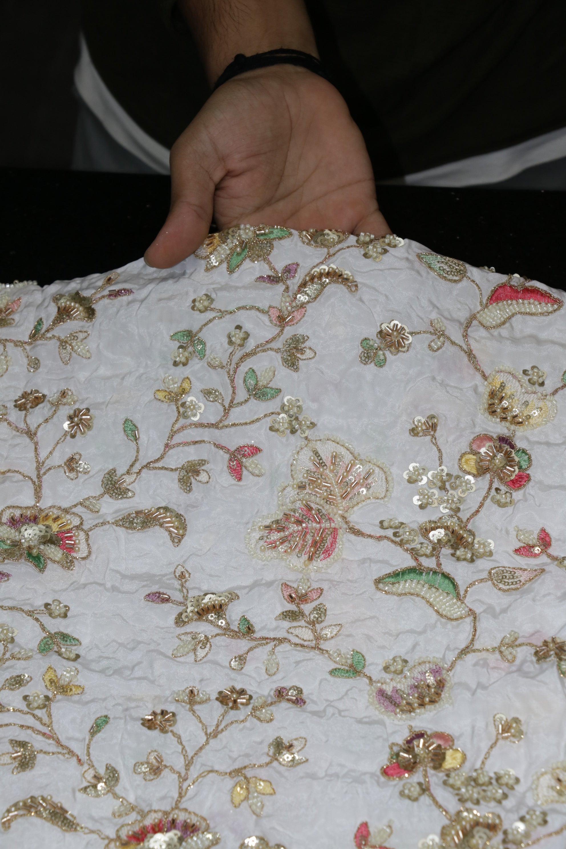 322-Dyable Pure Tissue Gold, Natural Crepe, Kanjivaram, Giraffe With Beads and Sequins Embroidery Work 44 Inch Width Allover