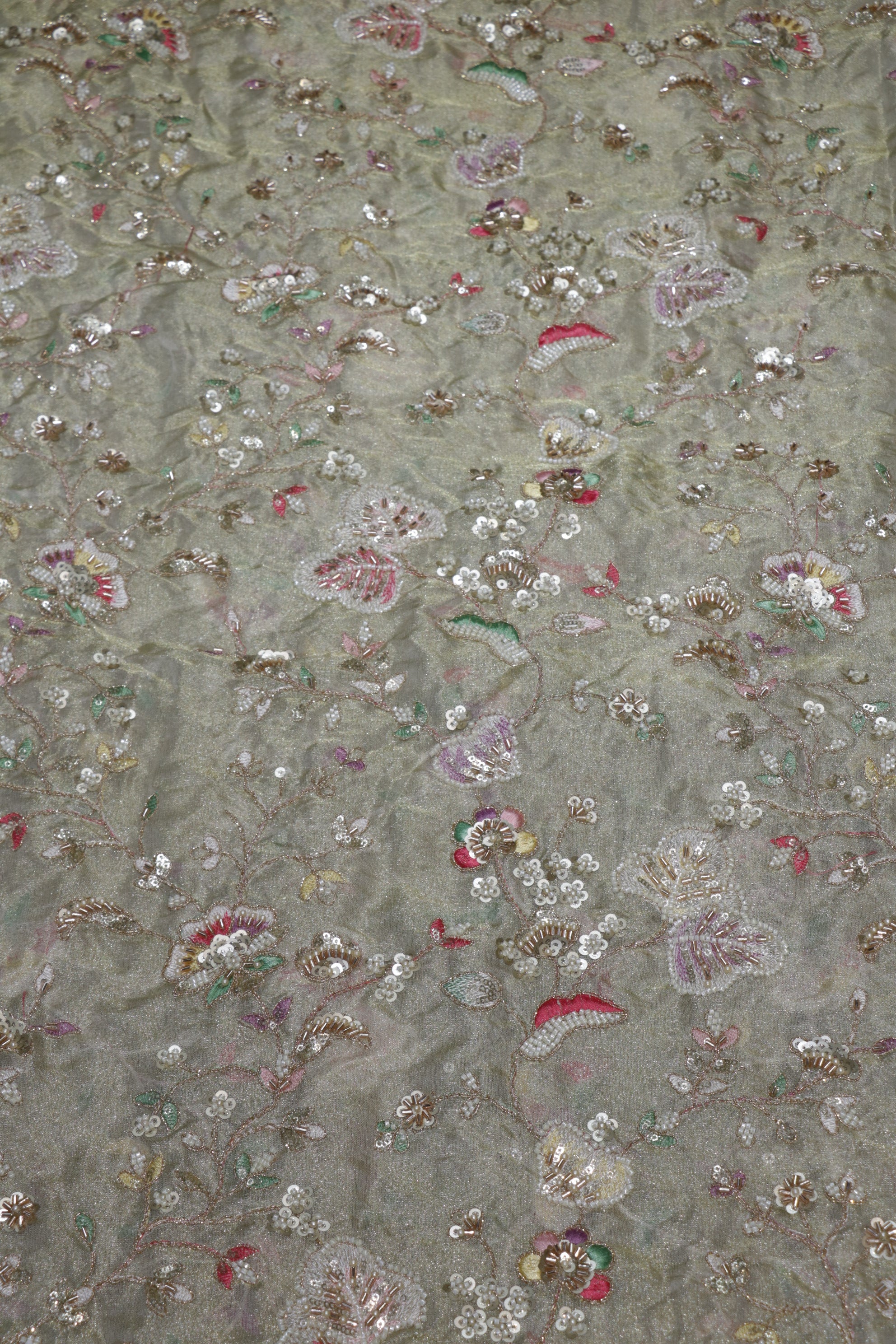 322-Dyable Pure Tissue Gold, Natural Crepe, Kanjivaram, Giraffe With Beads and Sequins Embroidery Work 44 Inch Width Allover