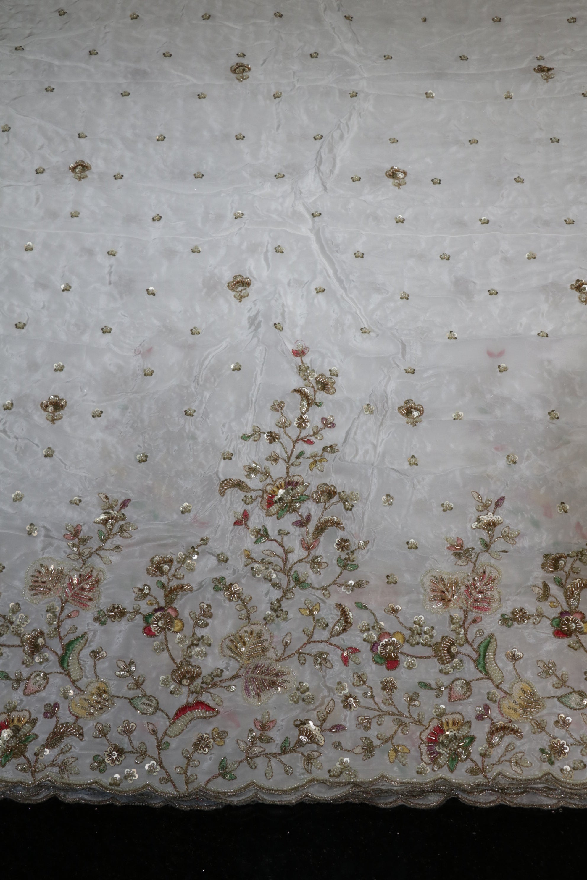 322-Dyable Pure Tissue Gold, Natural Crepe, Kanjivaram With Beads and Sequins Embroidery Work 58 Inch Width Daman