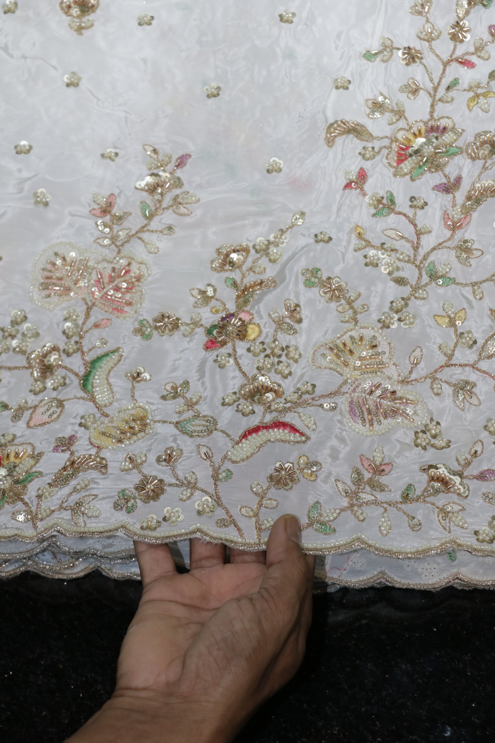 322-Dyable Pure Tissue Gold, Natural Crepe, Kanjivaram With Beads and Sequins Embroidery Work 58 Inch Width Daman