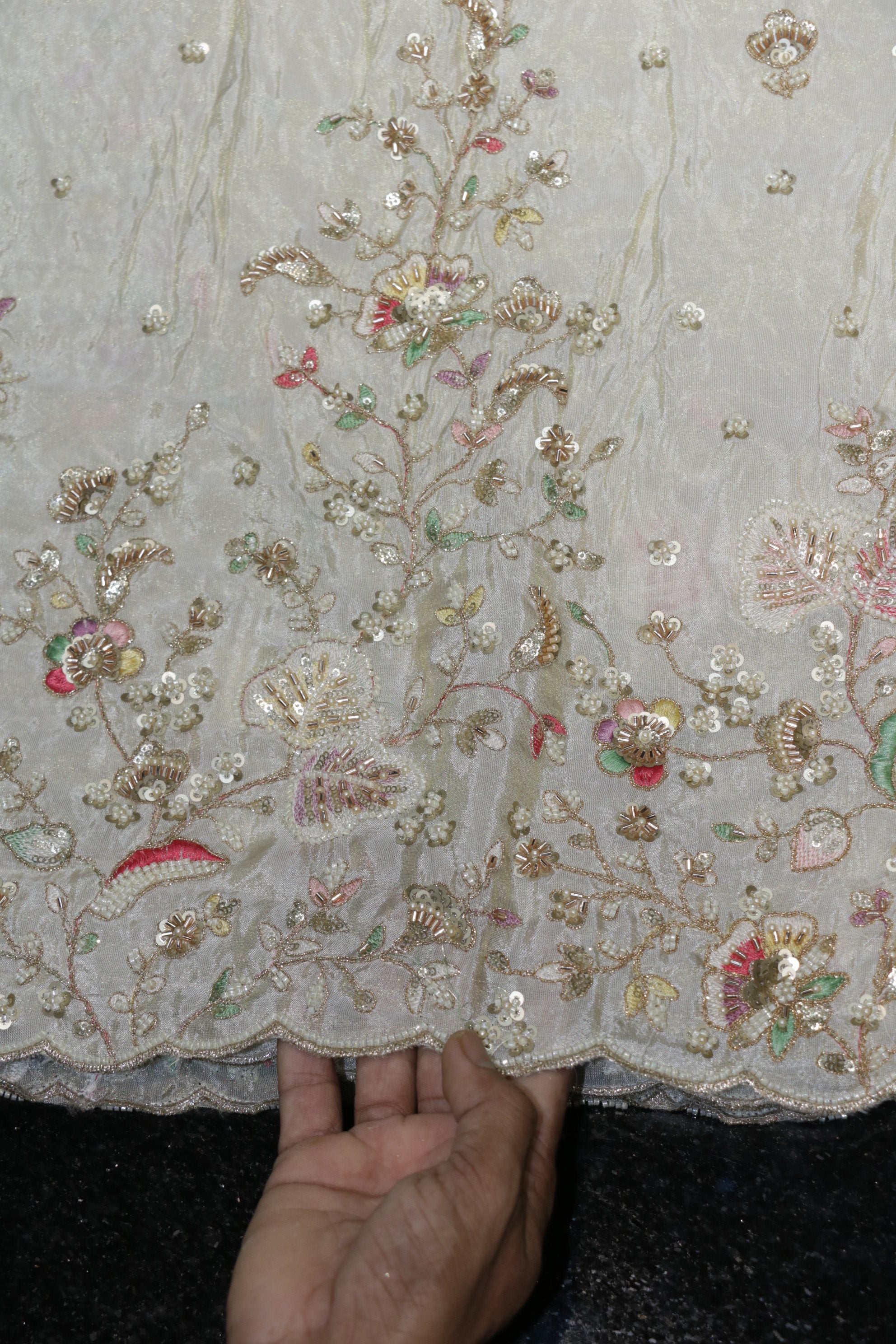 322-Dyable Pure Tissue Gold, Natural Crepe, Kanjivaram With Beads and Sequins Embroidery Work 58 Inch Width Daman