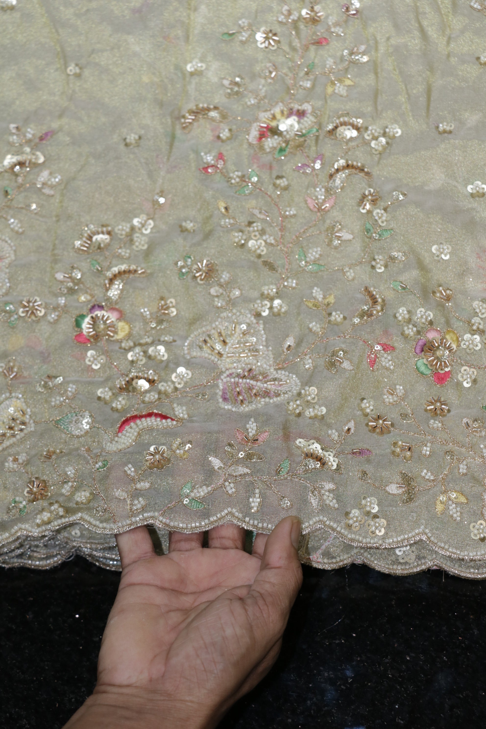 322-Dyable Pure Tissue Gold, Natural Crepe, Kanjivaram With Beads and Sequins Embroidery Work 58 Inch Width Daman