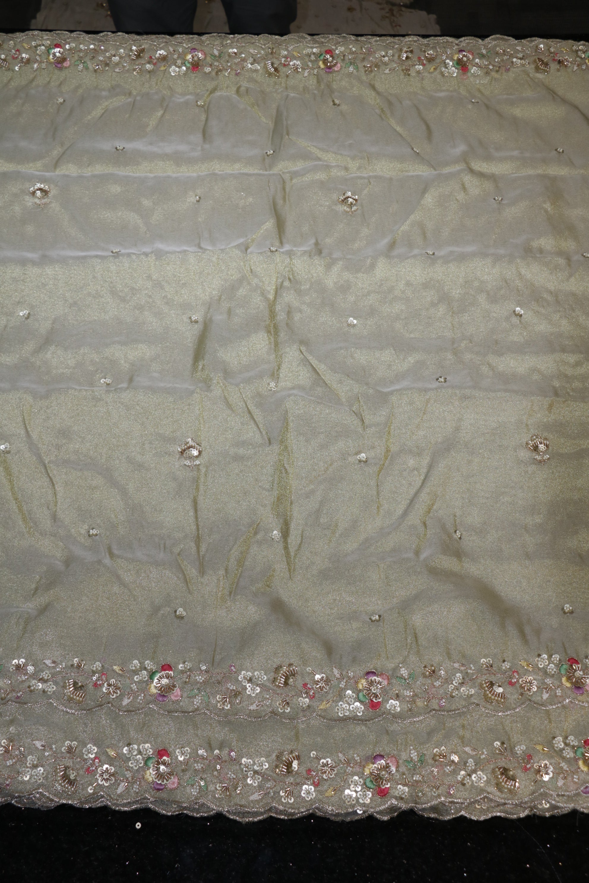 322-Dyable Pure Tissue Gold, Natural Crepe, Kanjivaram With Beads and Sequins Embroidery Work 44 Inch Width Dupatta