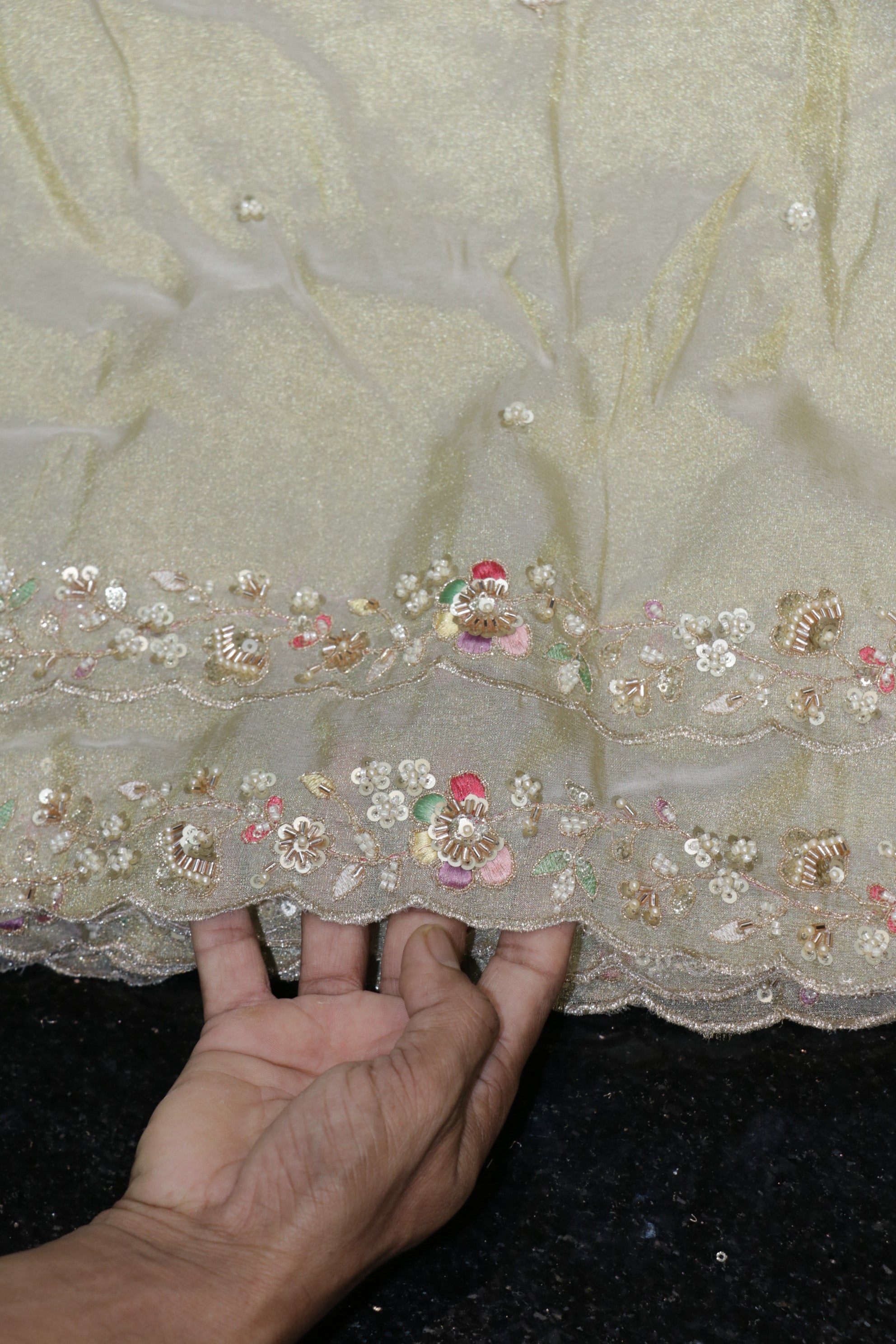 322-Dyable Pure Tissue Gold, Natural Crepe, Kanjivaram With Beads and Sequins Embroidery Work 44 Inch Width Dupatta