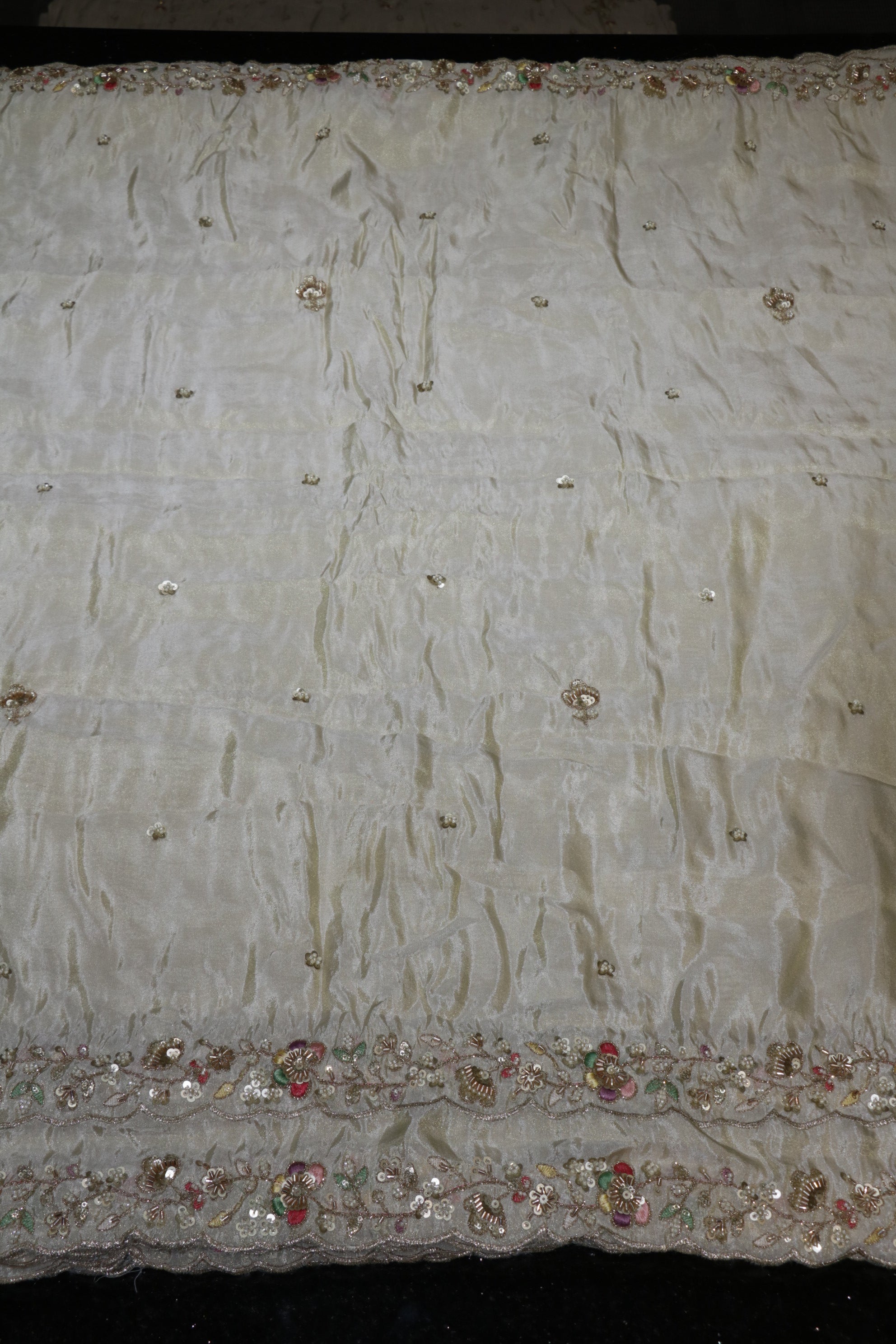 322-Dyable Pure Tissue Gold, Natural Crepe, Kanjivaram With Beads and Sequins Embroidery Work 44 Inch Width Dupatta