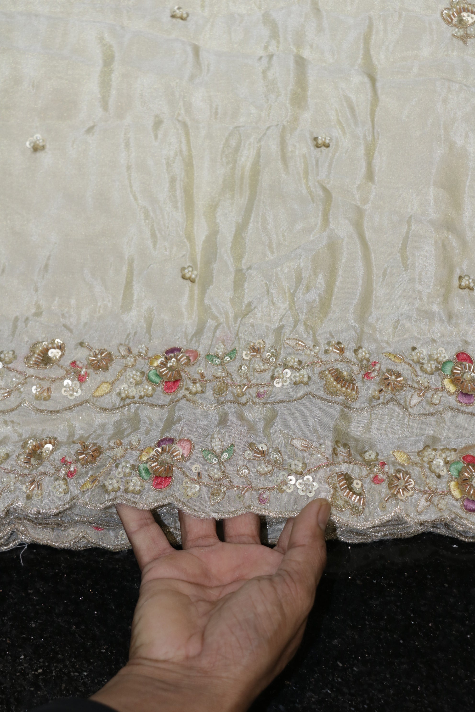 322-Dyable Pure Tissue Gold, Natural Crepe, Kanjivaram With Beads and Sequins Embroidery Work 44 Inch Width Dupatta