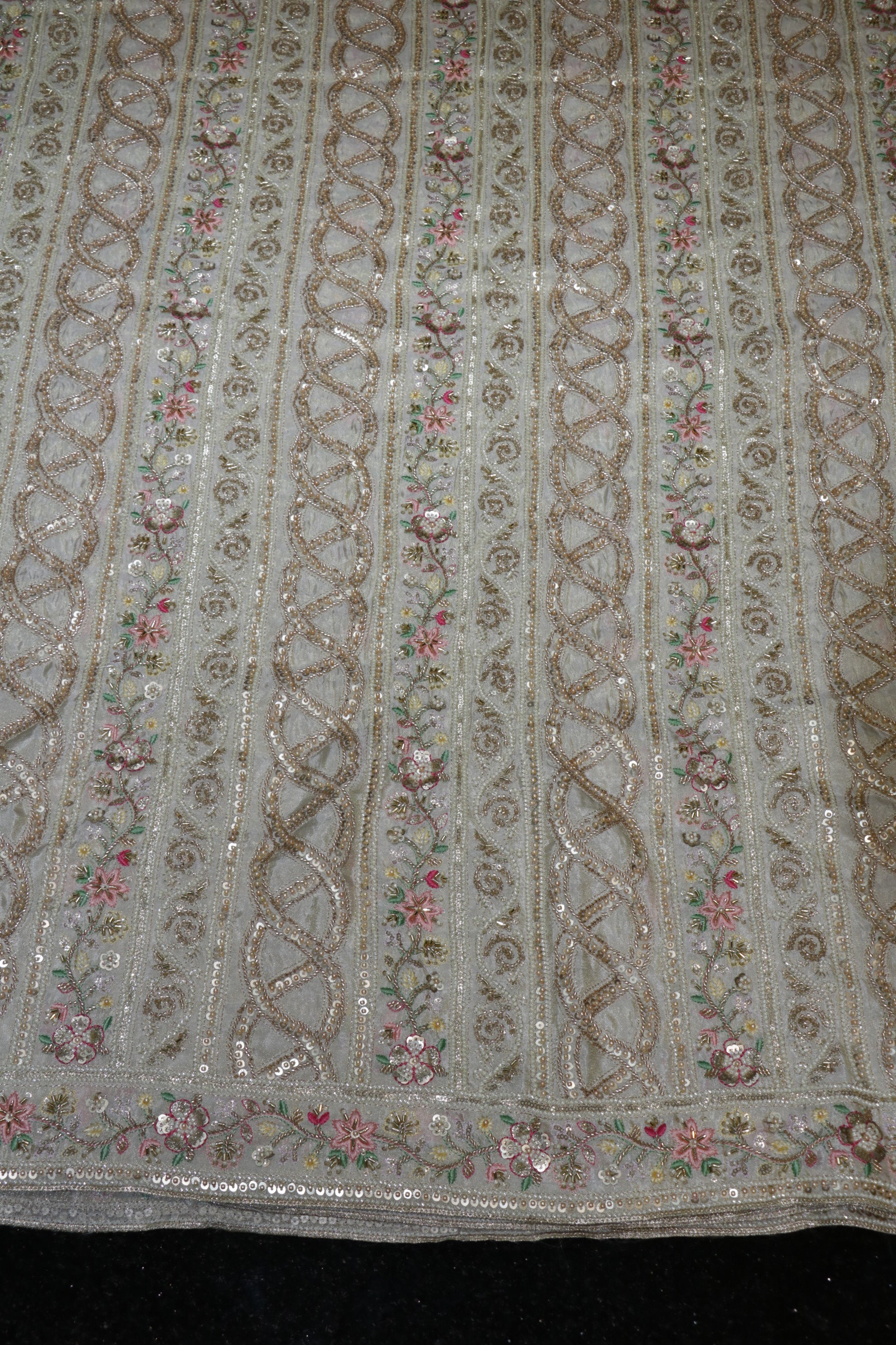 257-Dyable Pure Tissue Gold, Natural Crepe With Beads and Sequins Embroidery Work 44 Inch Width Daman/Allover
