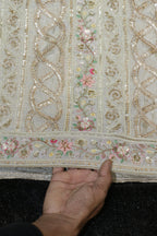 257-Dyable Pure Tissue Gold, Natural Crepe With Beads and Sequins Embroidery Work 44 Inch Width Daman/Allover