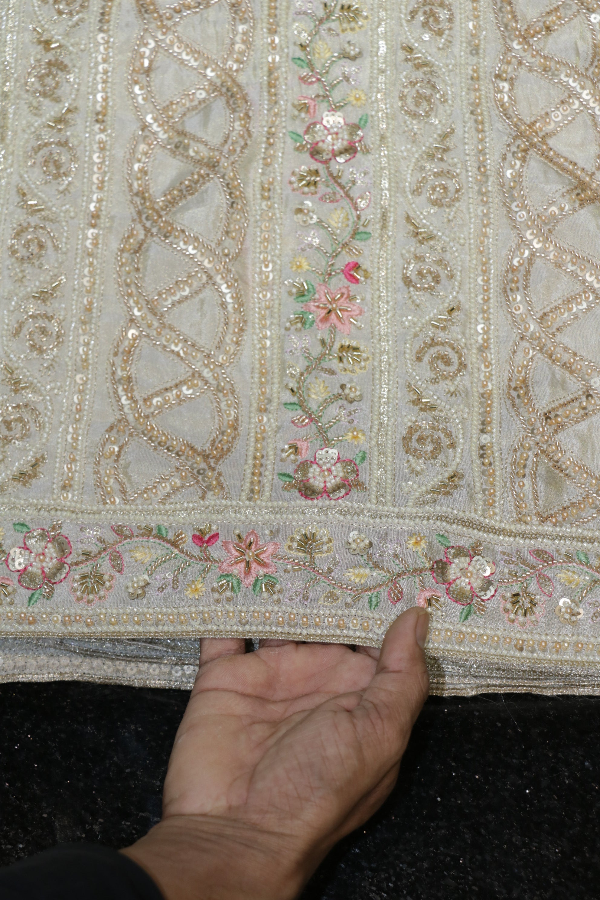 257-Dyable Pure Tissue Gold, Natural Crepe With Beads and Sequins Embroidery Work 44 Inch Width Daman/Allover
