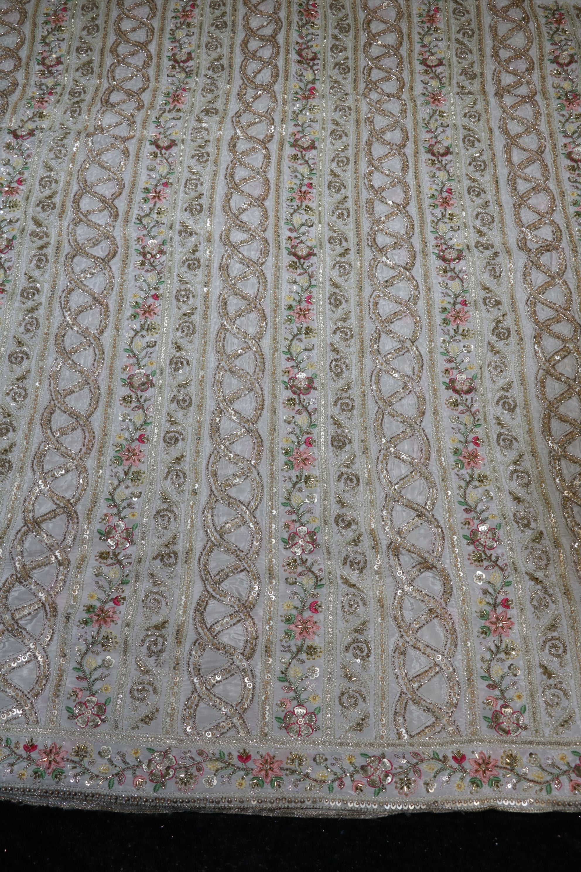 257-Dyable Pure Tissue Gold, Natural Crepe With Beads and Sequins Embroidery Work 44 Inch Width Daman/Allover