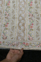 257-Dyable Pure Tissue Gold, Natural Crepe With Beads and Sequins Embroidery Work 44 Inch Width Daman/Allover