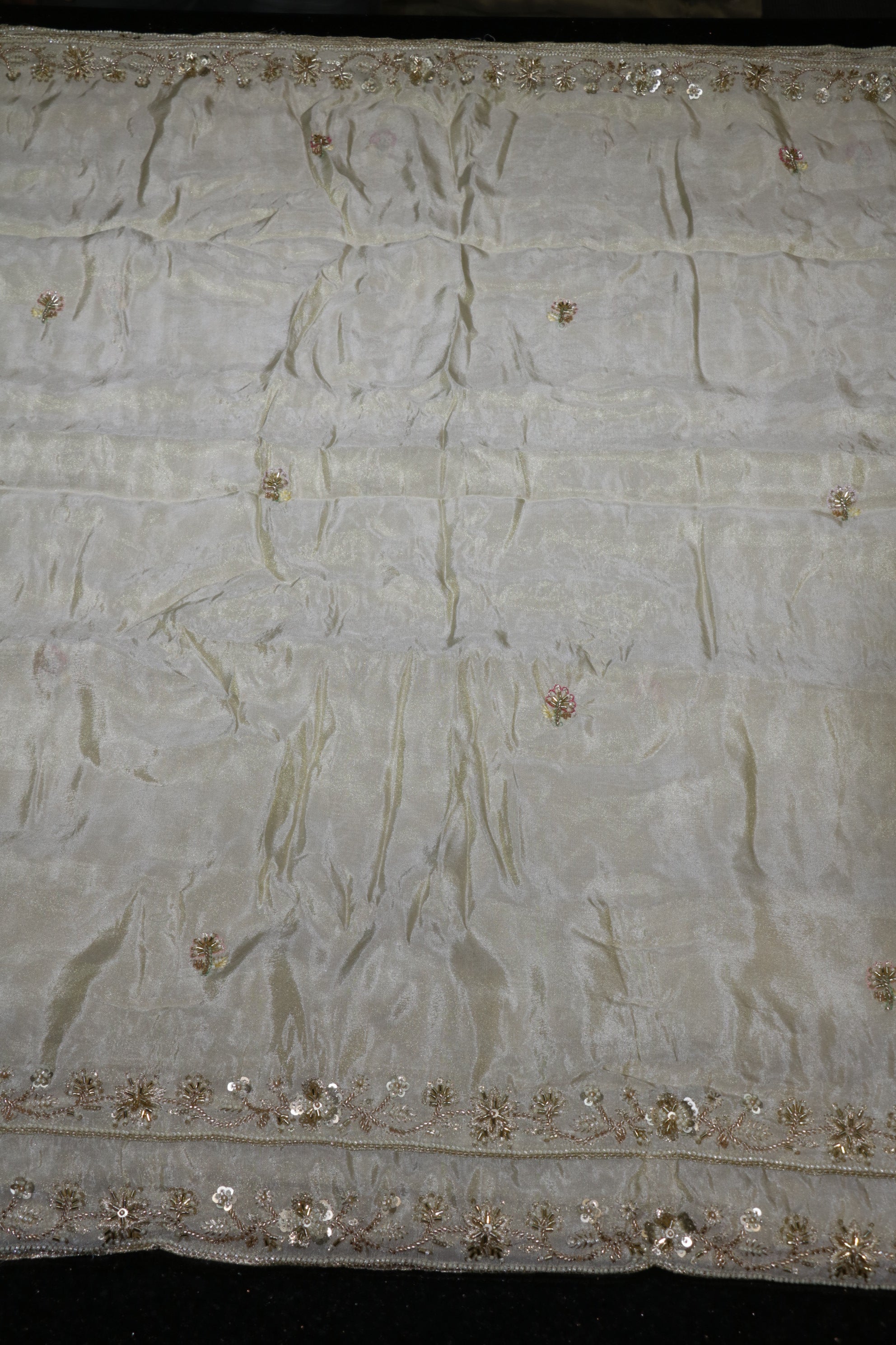 257-Dyable Pure Tissue Gold, Natural Crepe With Beads and Sequins Embroidery Work 44 Inch Width Dupatta