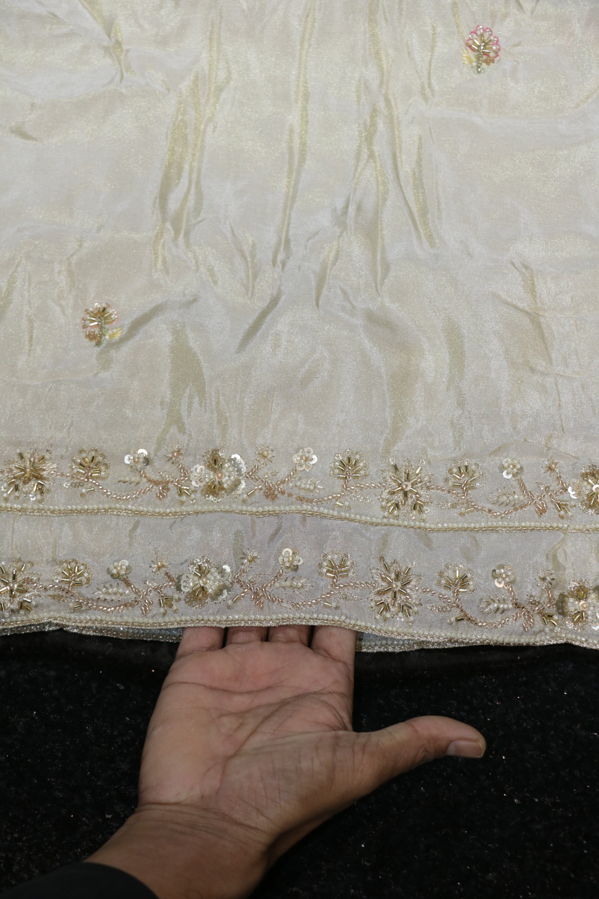 257-Dyable Pure Tissue Gold, Natural Crepe With Beads and Sequins Embroidery Work 44 Inch Width Dupatta