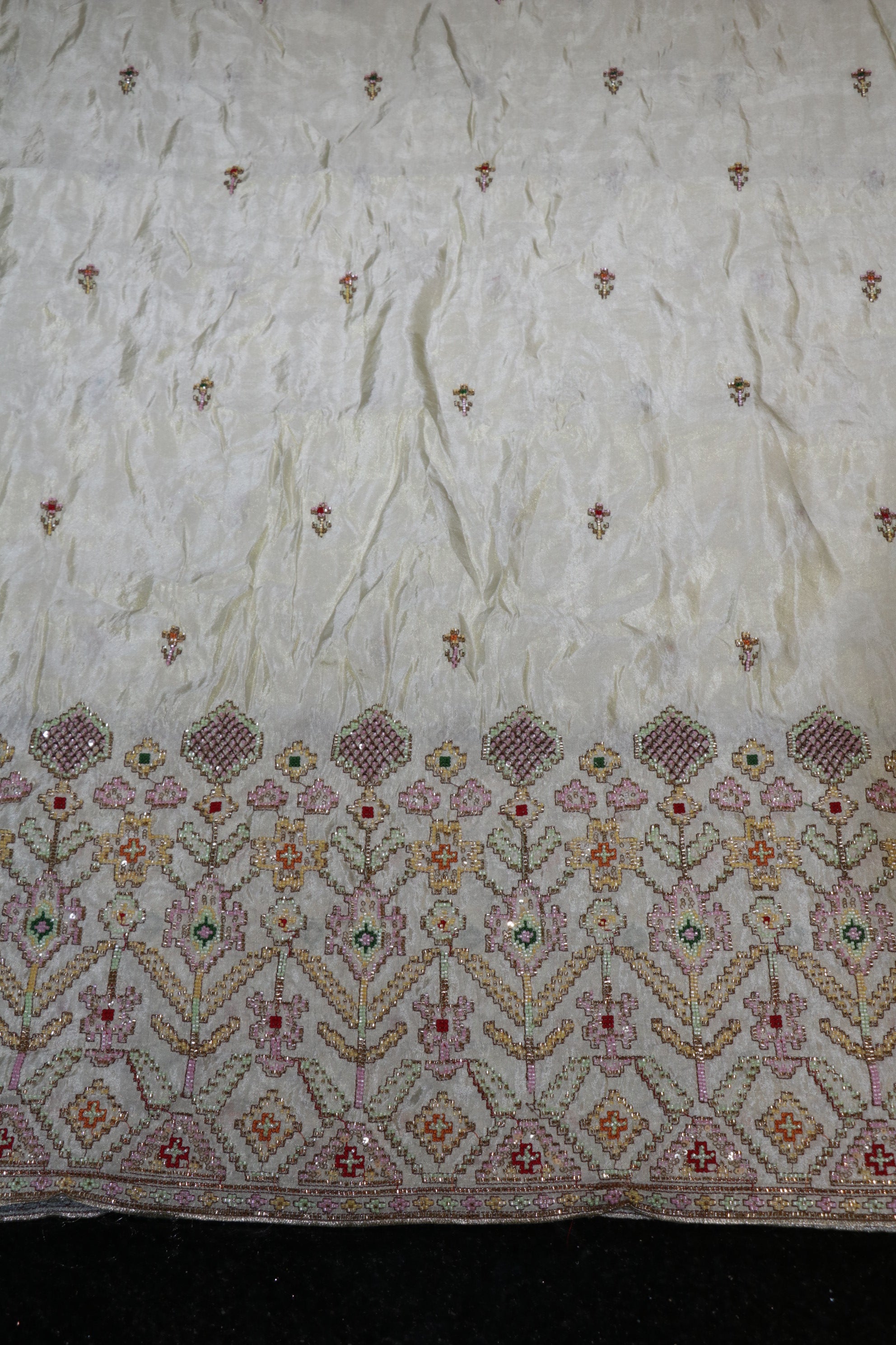 311-Dyable Pure Tissue Gold, Natural Crepe, Kanjivaram With Beads and Sequins Embroidery Work 58 Inch Width Daman