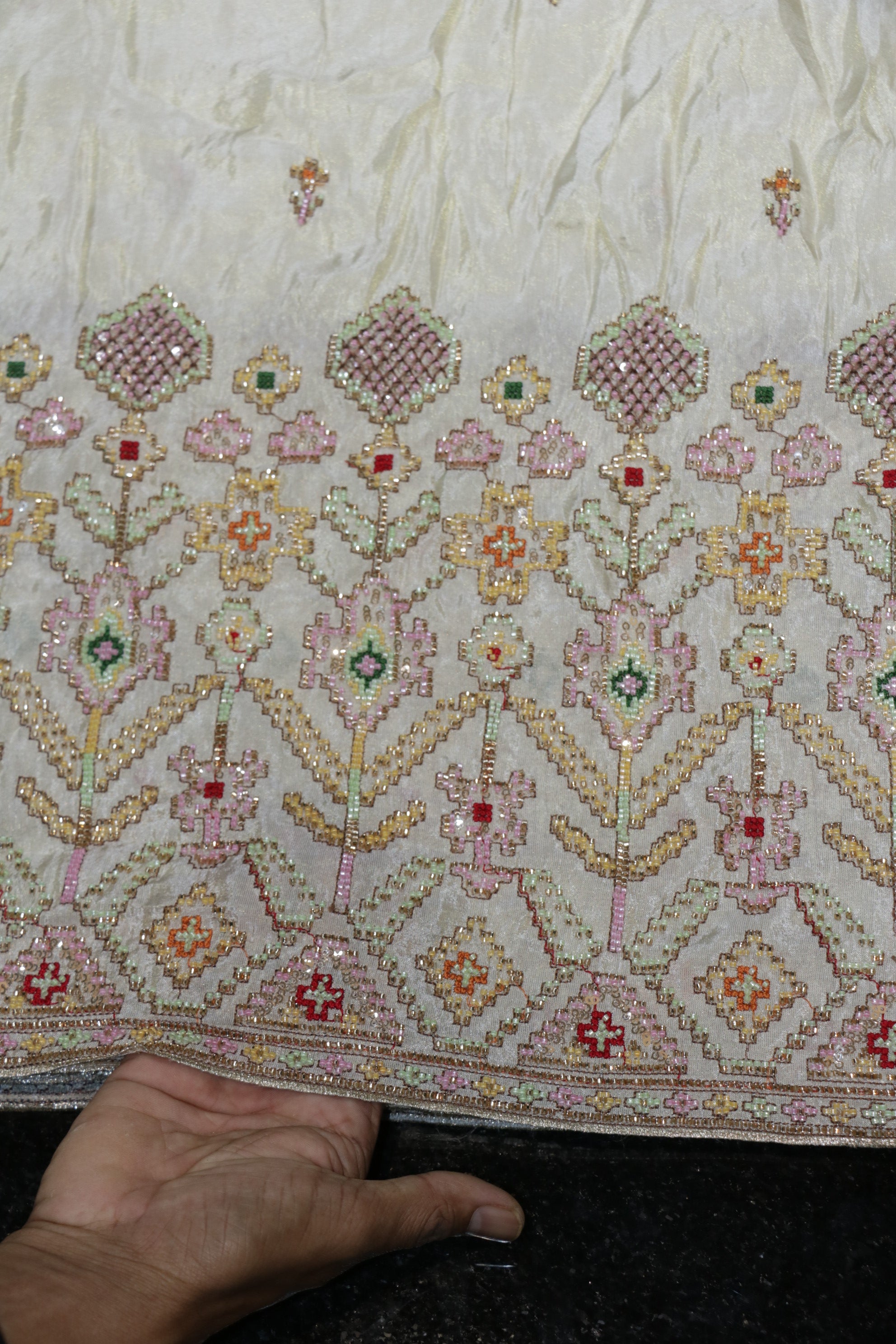 311-Dyable Pure Tissue Gold, Natural Crepe, Kanjivaram With Beads and Sequins Embroidery Work 58 Inch Width Daman