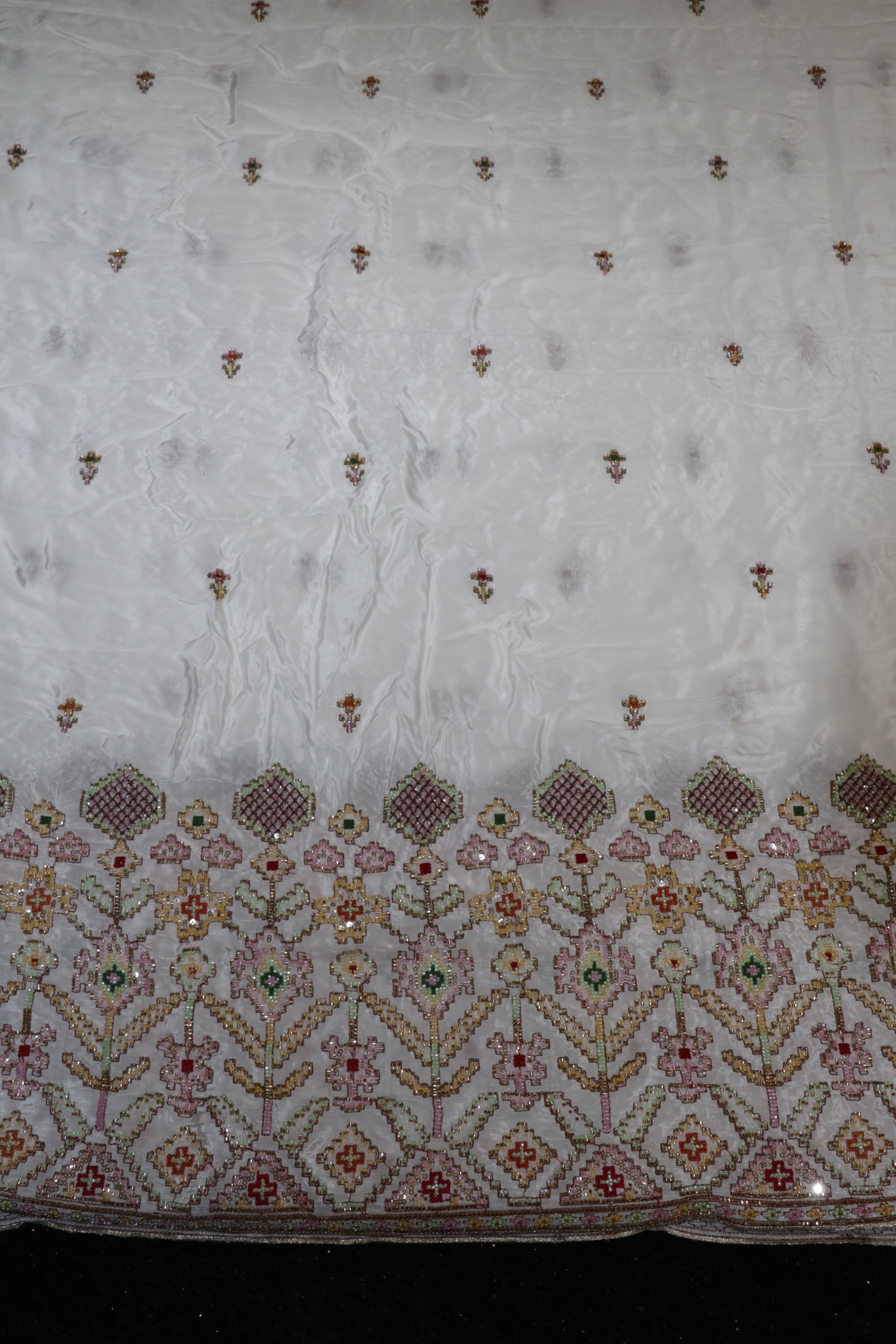 311-Dyable Pure Tissue Gold, Natural Crepe, Kanjivaram With Beads and Sequins Embroidery Work 58 Inch Width Daman