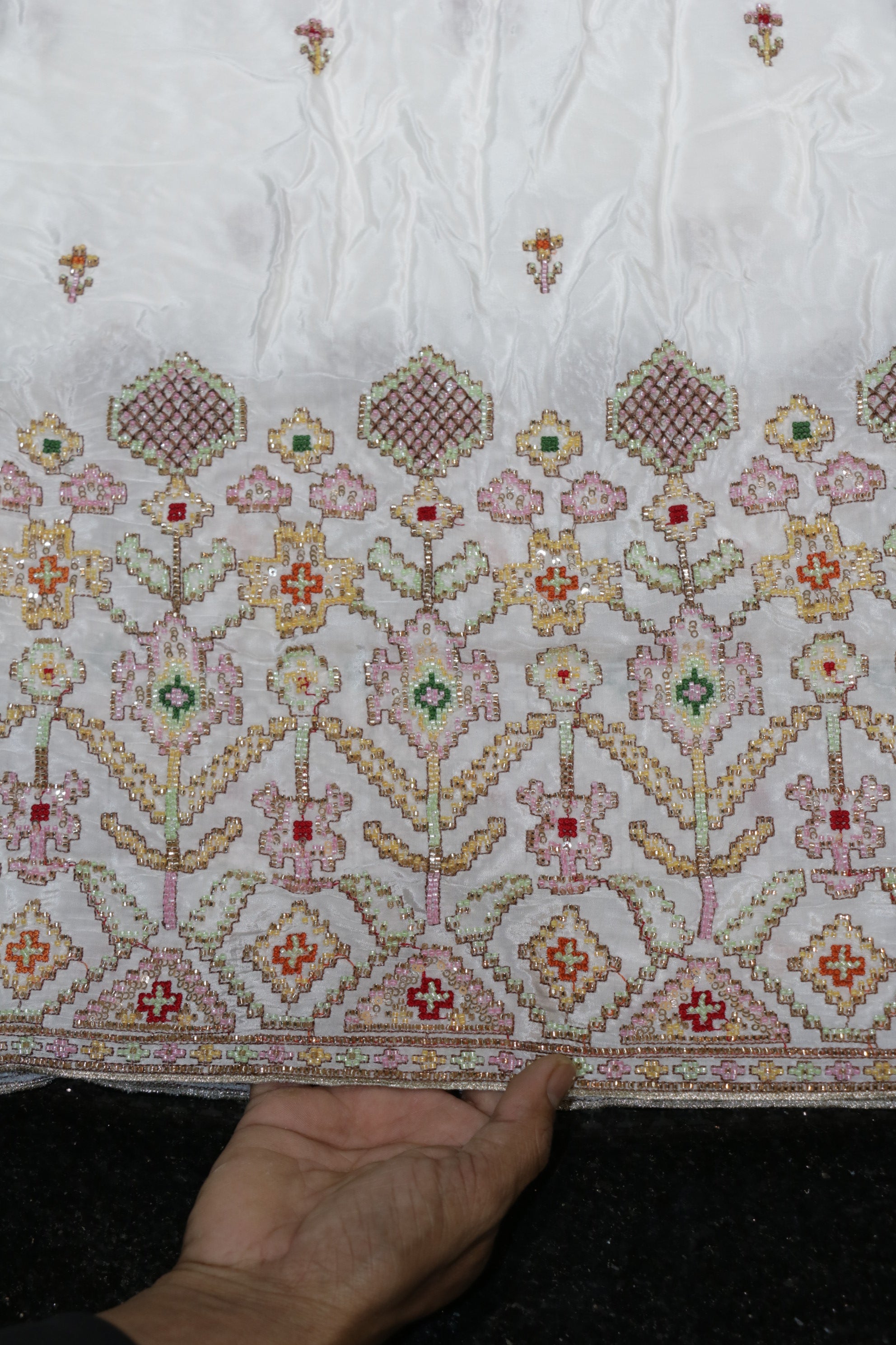 311-Dyable Pure Tissue Gold, Natural Crepe, Kanjivaram With Beads and Sequins Embroidery Work 58 Inch Width Daman