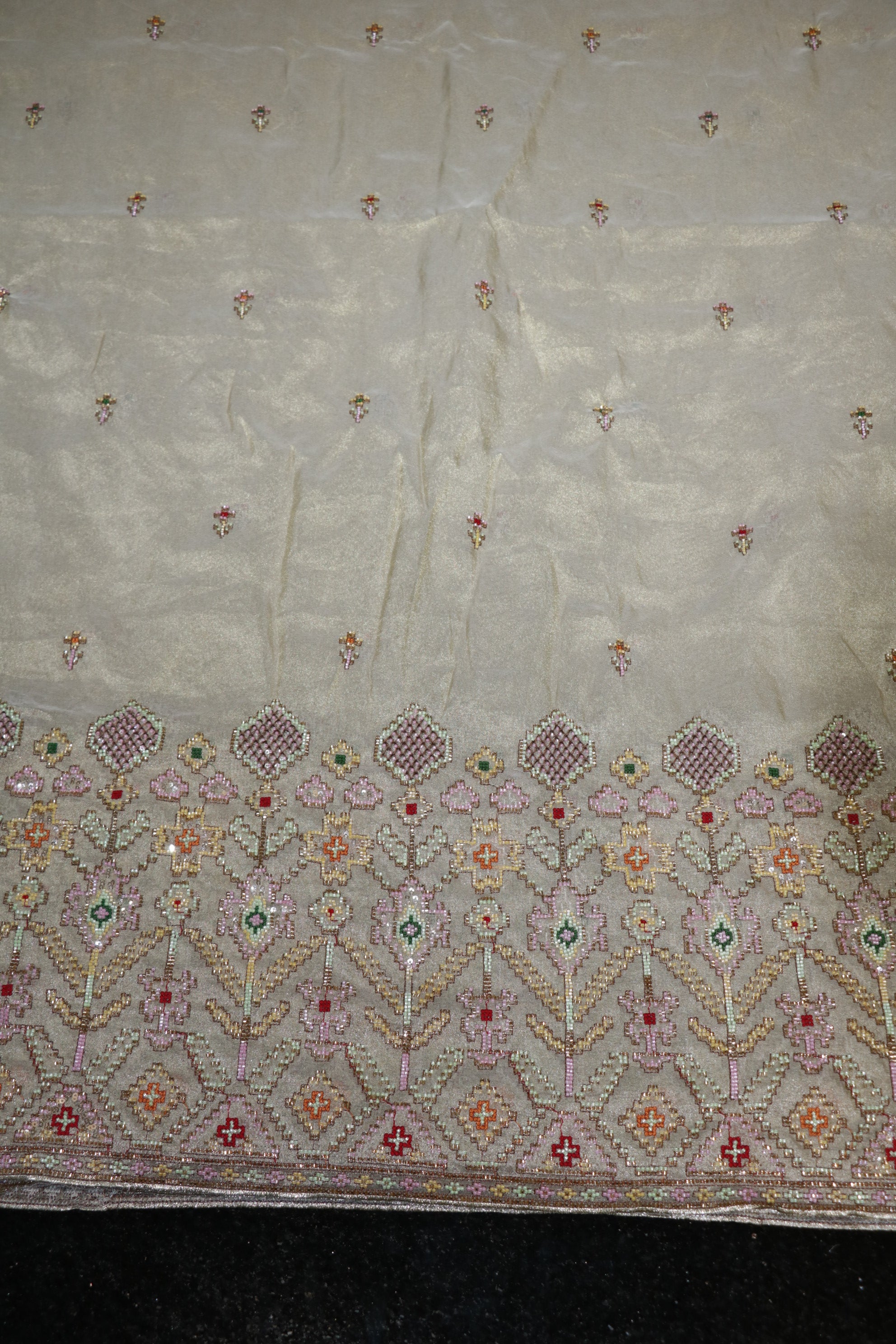 311-Dyable Pure Tissue Gold, Natural Crepe, Kanjivaram With Beads and Sequins Embroidery Work 58 Inch Width Daman