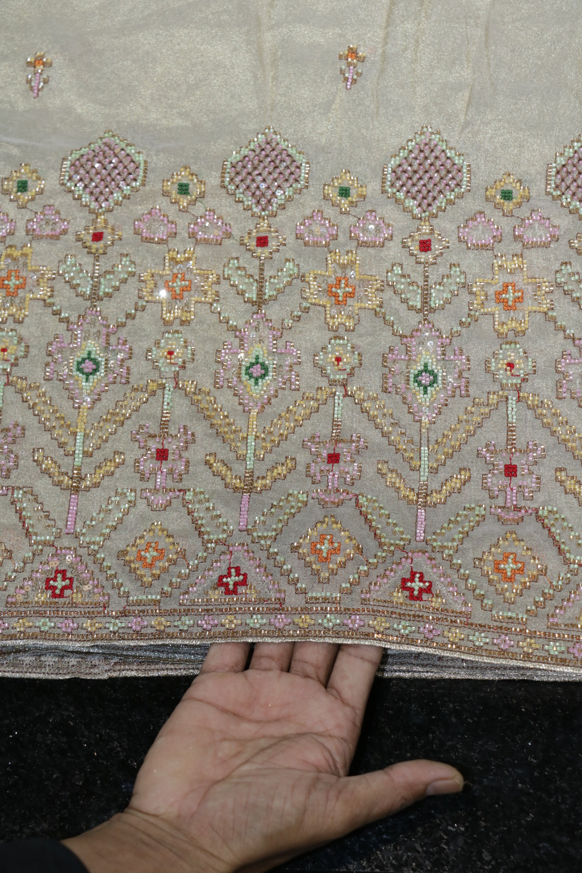 311-Dyable Pure Tissue Gold, Natural Crepe, Kanjivaram With Beads and Sequins Embroidery Work 58 Inch Width Daman