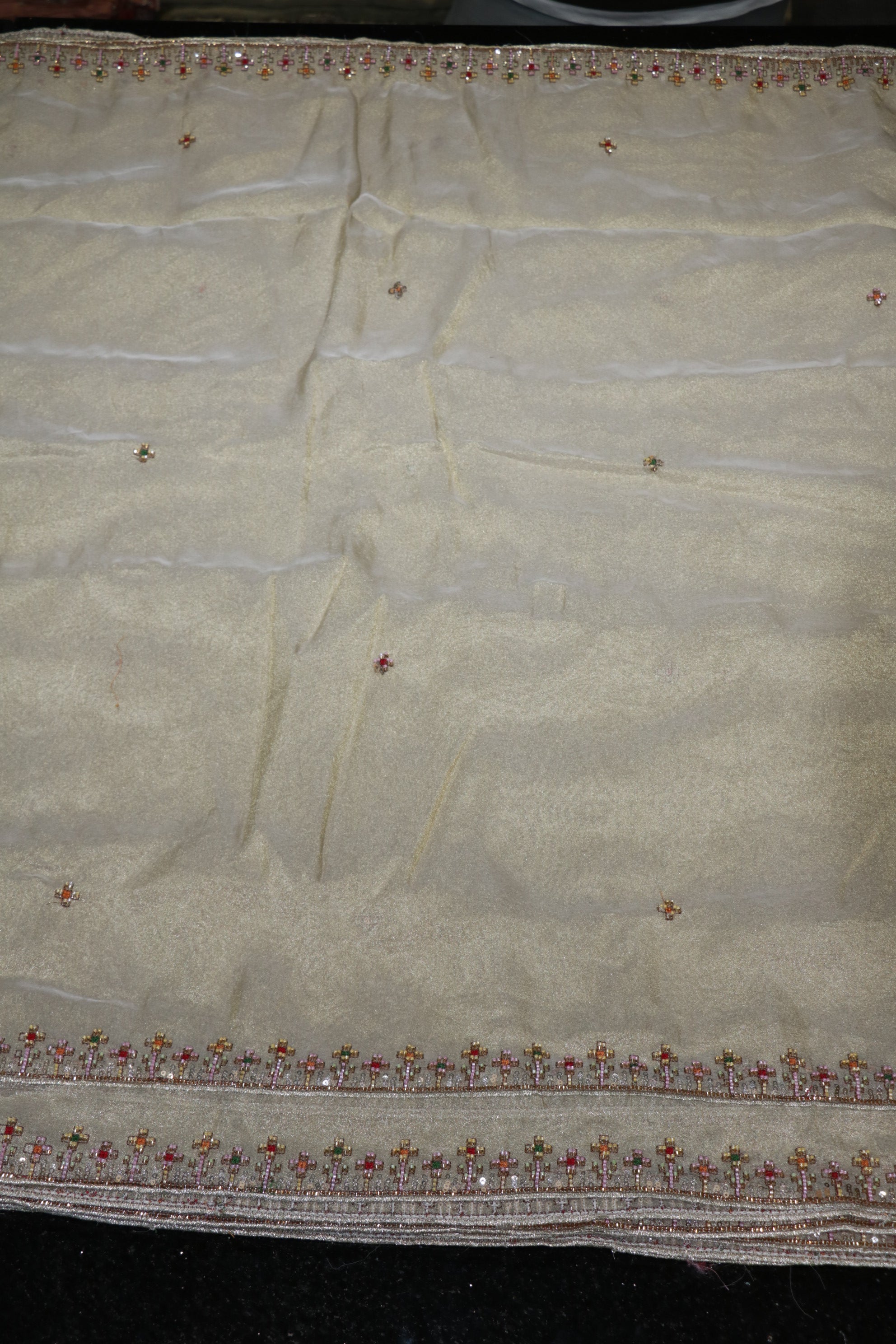 311-Dyable Pure Tissue Gold, Natural Crepe, Kanjivaram With Beads and Sequins Embroidery Work 44 Inch Width Dupatta