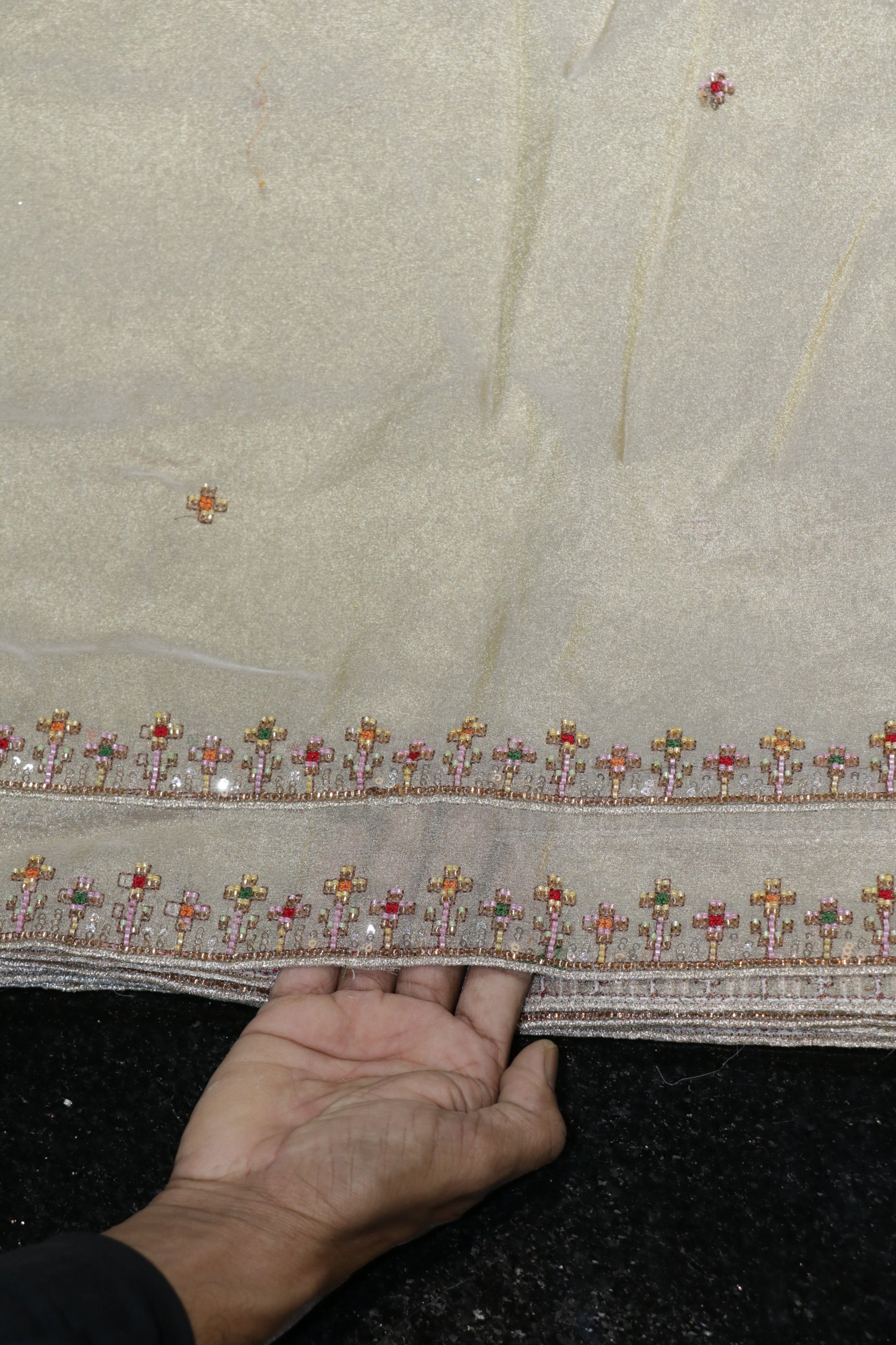311-Dyable Pure Tissue Gold, Natural Crepe, Kanjivaram With Beads and Sequins Embroidery Work 44 Inch Width Dupatta