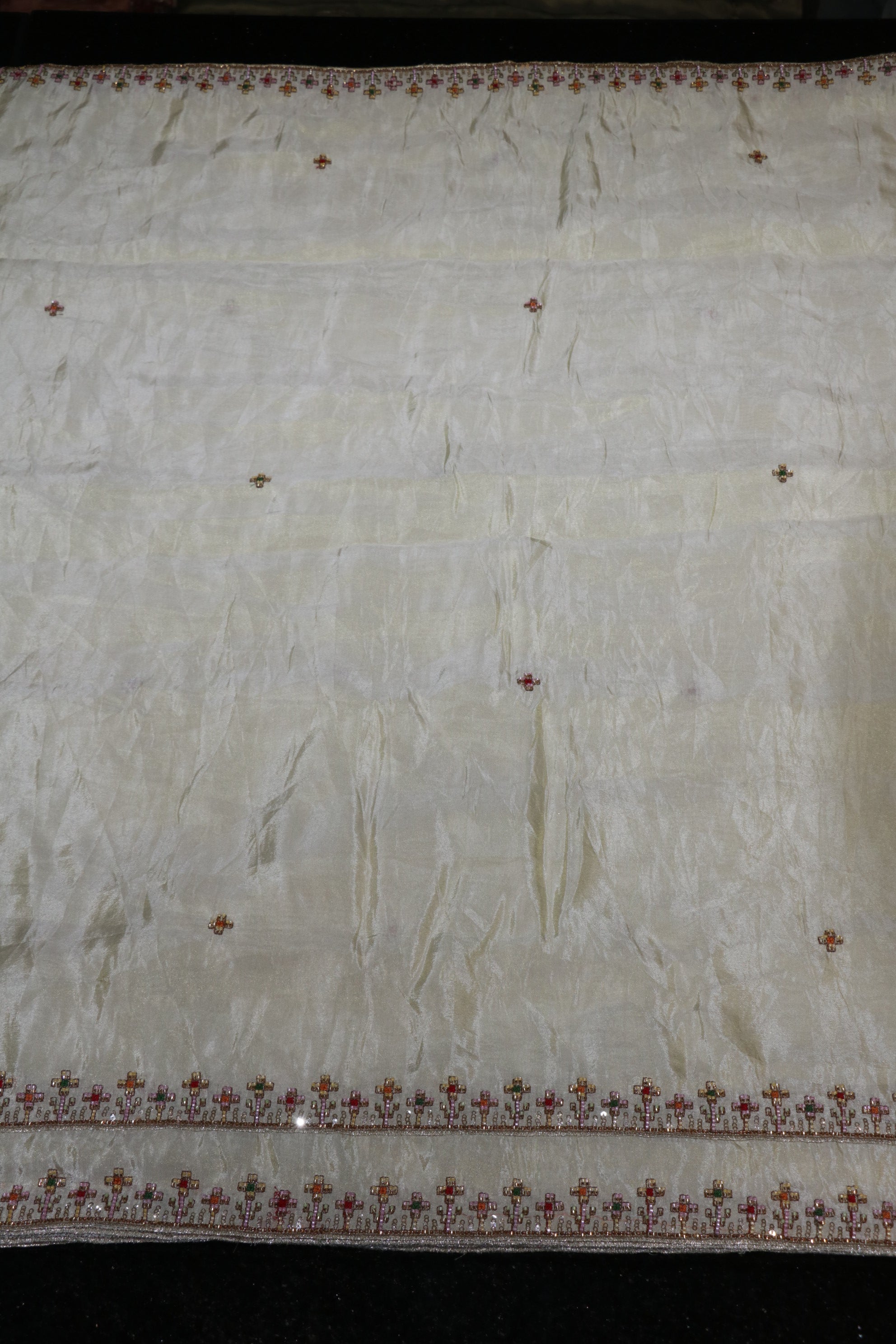 311-Dyable Pure Tissue Gold, Natural Crepe, Kanjivaram With Beads and Sequins Embroidery Work 44 Inch Width Dupatta