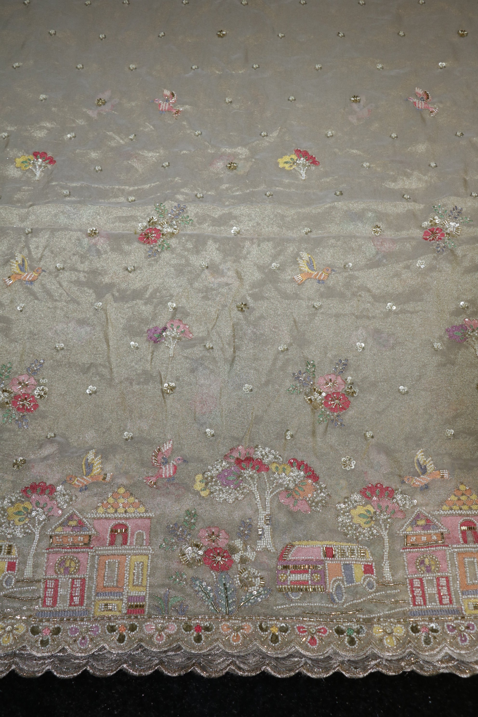 330-Dyable Pure Tissue Gold, Natural Crepe, Kanjivaram With Beads and Sequins Embroidery Work 58 Inch Width Daman